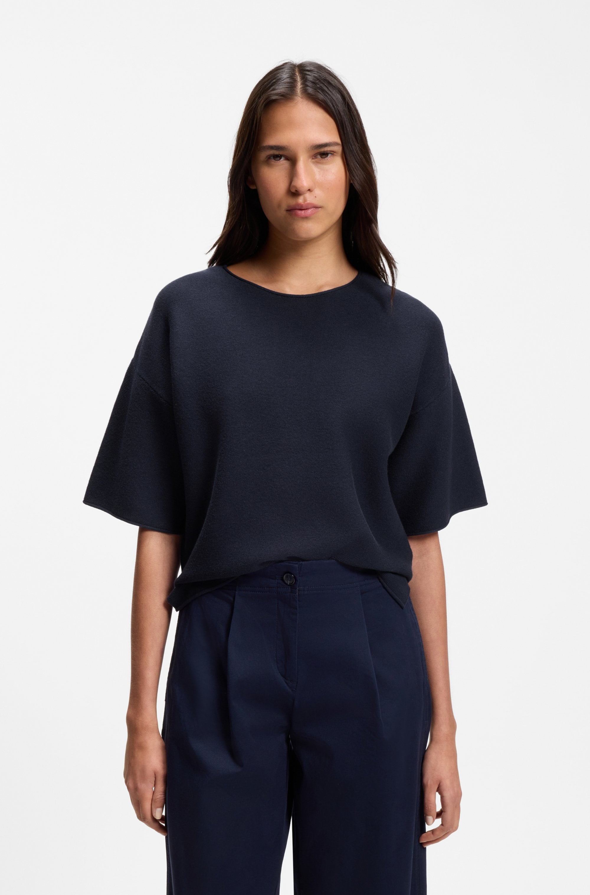 BOSS ORANGE Kurzarmpullover »Fouetta Premium Damenmode« Baumwoll-Woll-Mix, Relaxed Fit