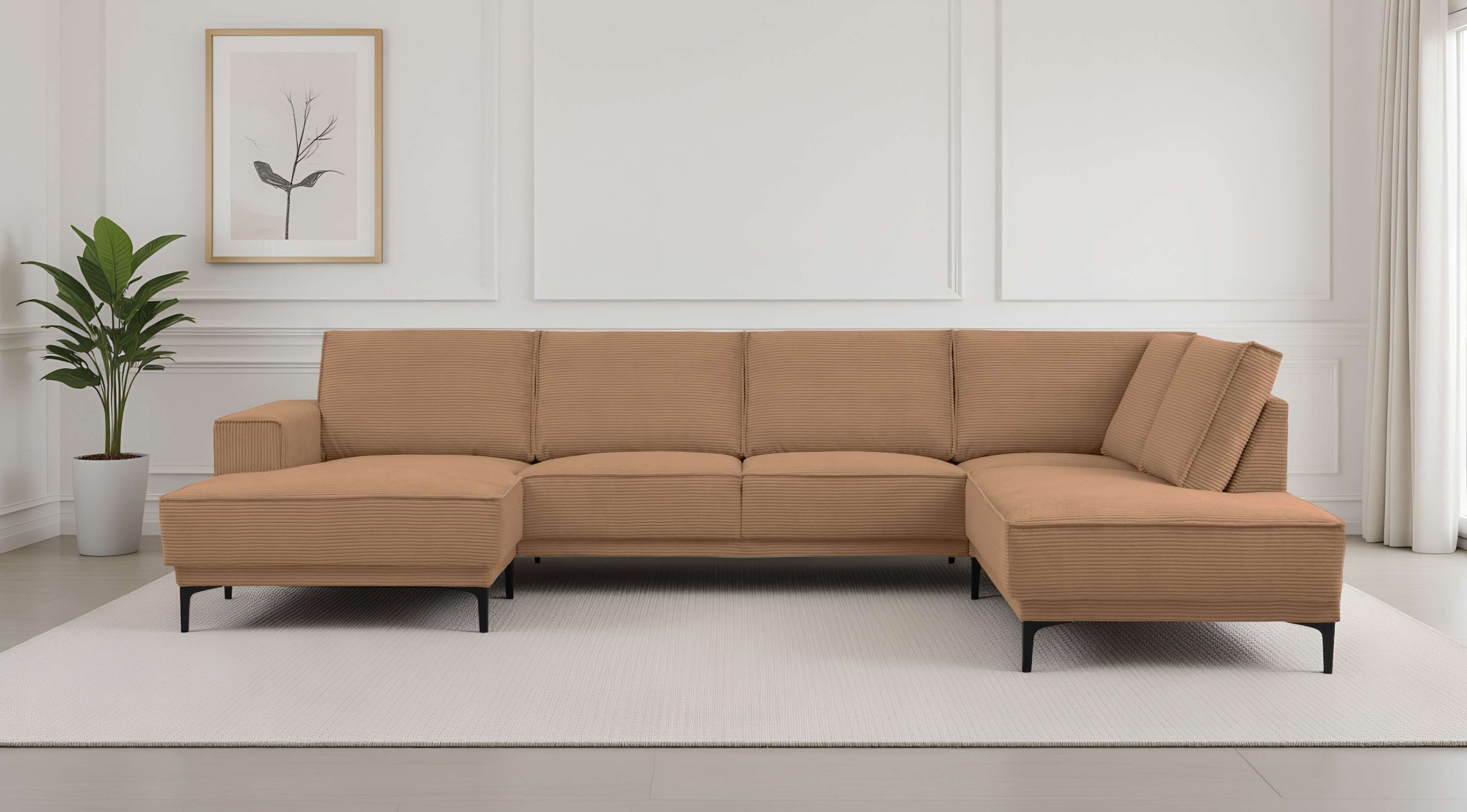 OTTO home Wohnlandschaft »XXL Sofa Oland, Struktur, Flachgewebe, Luxus-Microfaser, Boucle« U-Form, 345 cm, Wellenunterfederung, Skandi-Design, Metallfüße