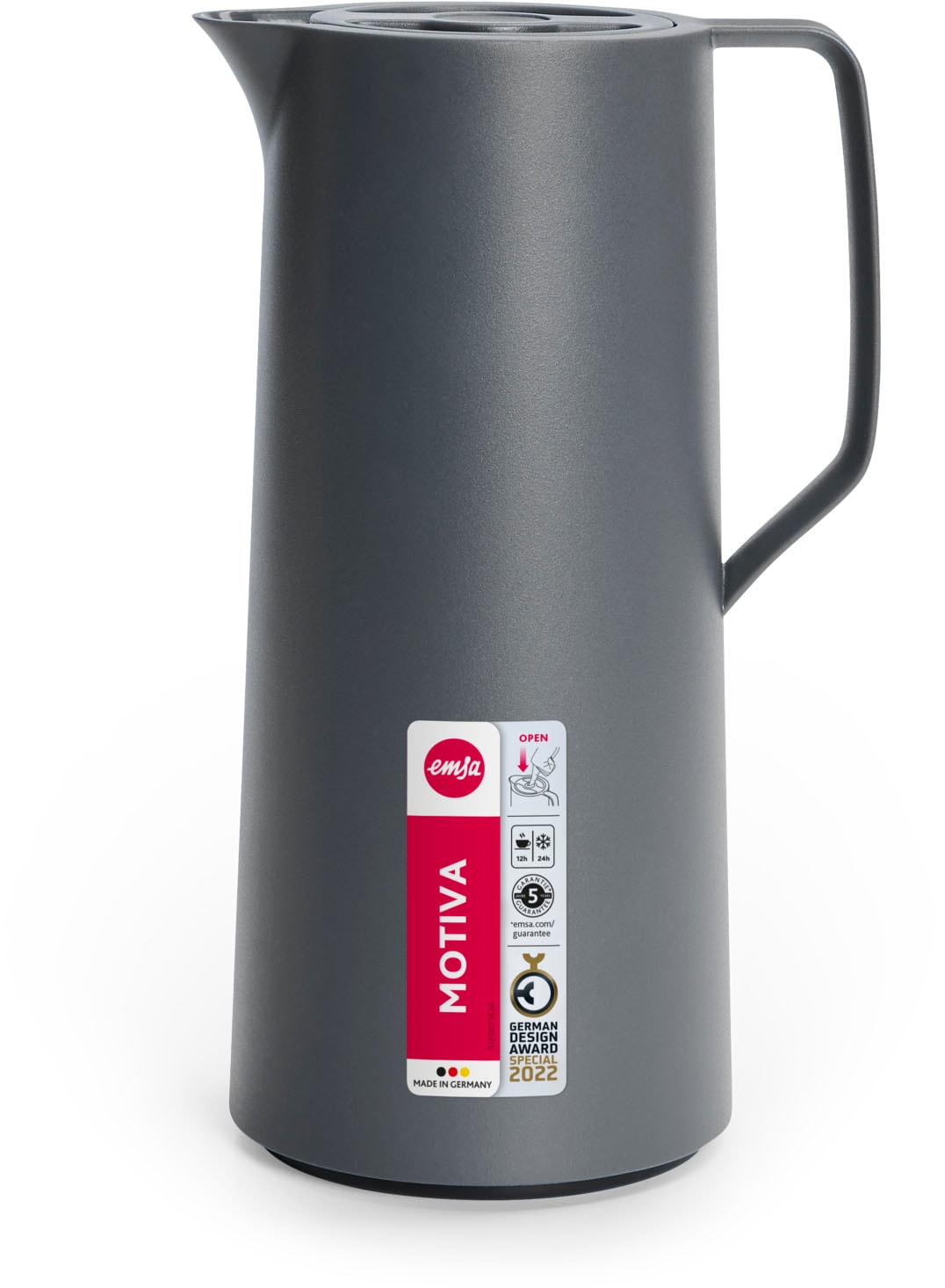 Emsa Isolierkanne »Motiva in modernem Design, 100% auslaufsicher, Made in Germany«, 1 l, (doppelwandiger Glasisolierkolben, bis zu 12h warm/24h kalt), Quick-Press-Deckel, Einhandbedienung, ergonomischer Schraubdeckel