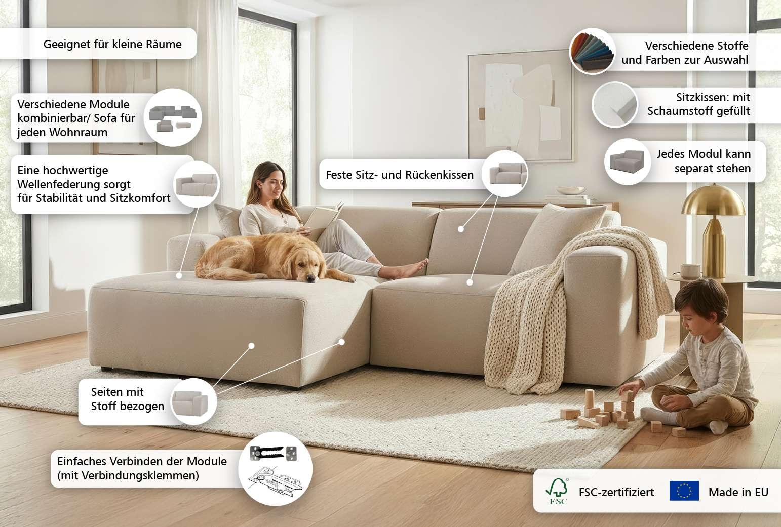 OTTO home Ecksofa »Koa, 228 cm, L-Form, Modulsofa in Cord, Chenille, Struktur, Webstoff« Designsofa, weicher Lounge-Sitzkomfort, Welleunterfederung, bodentief