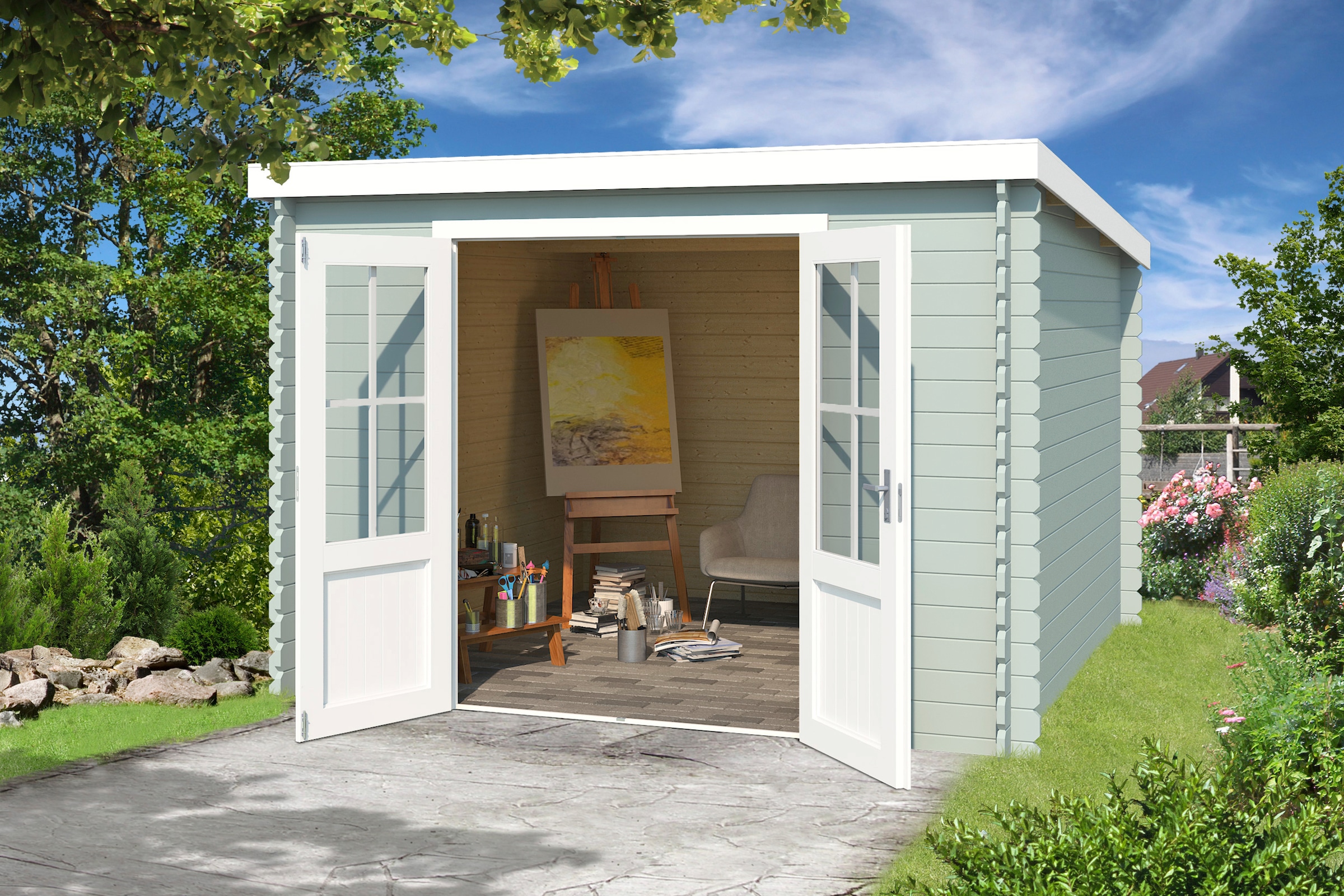 LASITA MAJA Gartenhaus »Atlanta«, Blochbohlenhaus 28mm, Fundamentmass 2920x2300, Gletschergrün