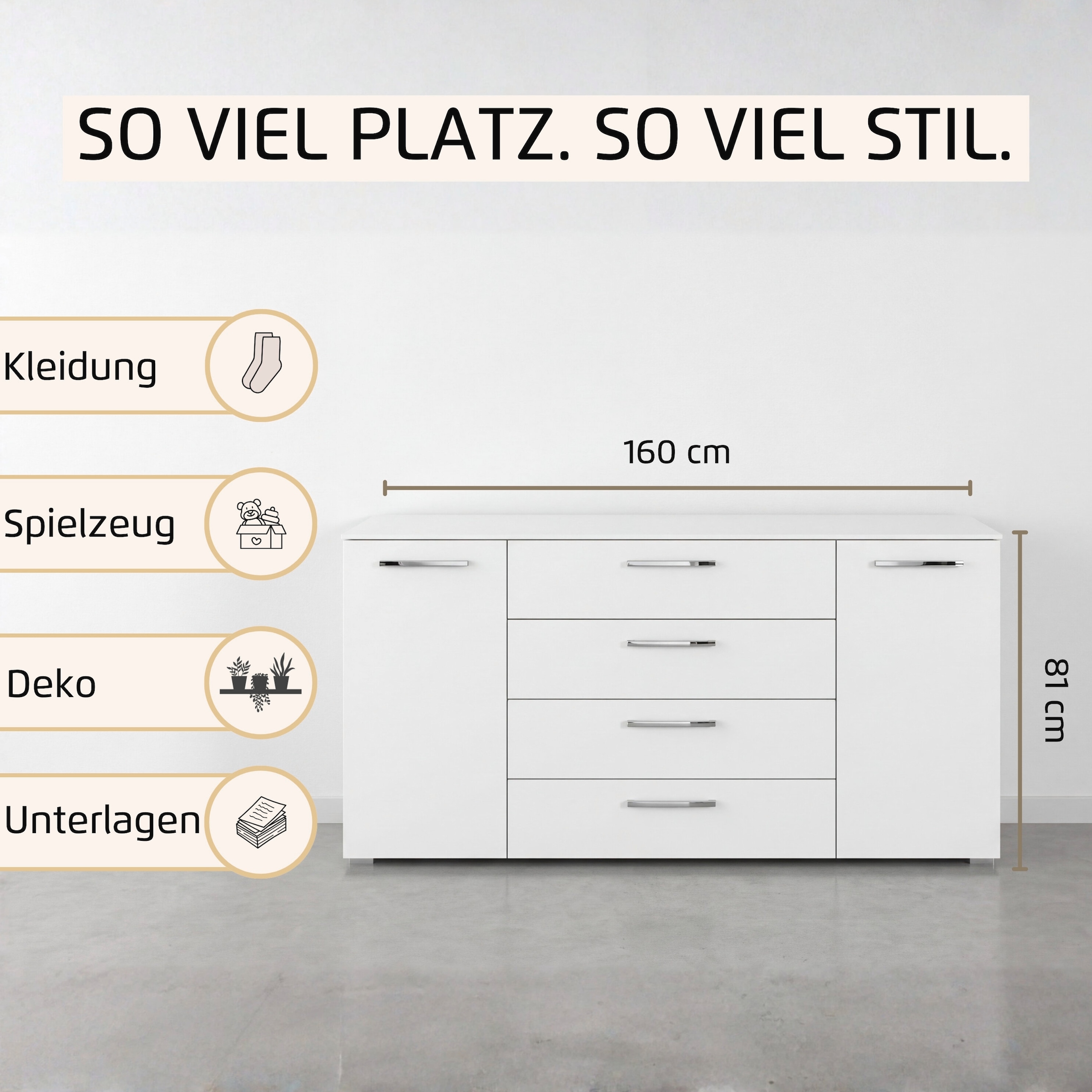 rauch Kombikommode »Sideboard Schubkommode Kommode MONTCLAR Front Dekor/Hochglanz/Glas« Breite 160 / Höhe 81 cm, 2 Einlegeböden, inkl. Soft-Close-Funktion,  2-türig, 4 geräumige Schubladen, viele Griffvarianten MADE IN GERMANY