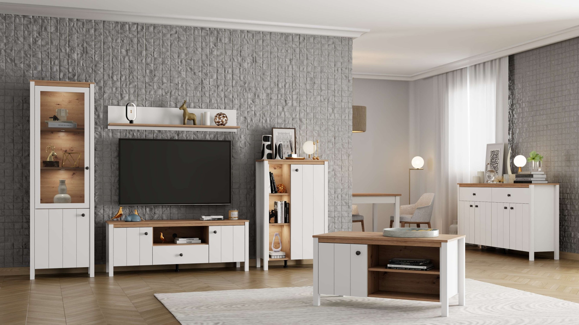 Home affaire Lowboard »BEDFORD, TV-Board, TV-Kommode, TV-Schrank, TV-Möbel im Landhausstil« MDF-Profil ummantelt, 2 Türen, 1 Schublade & 3 Fächer mit Metallgriff