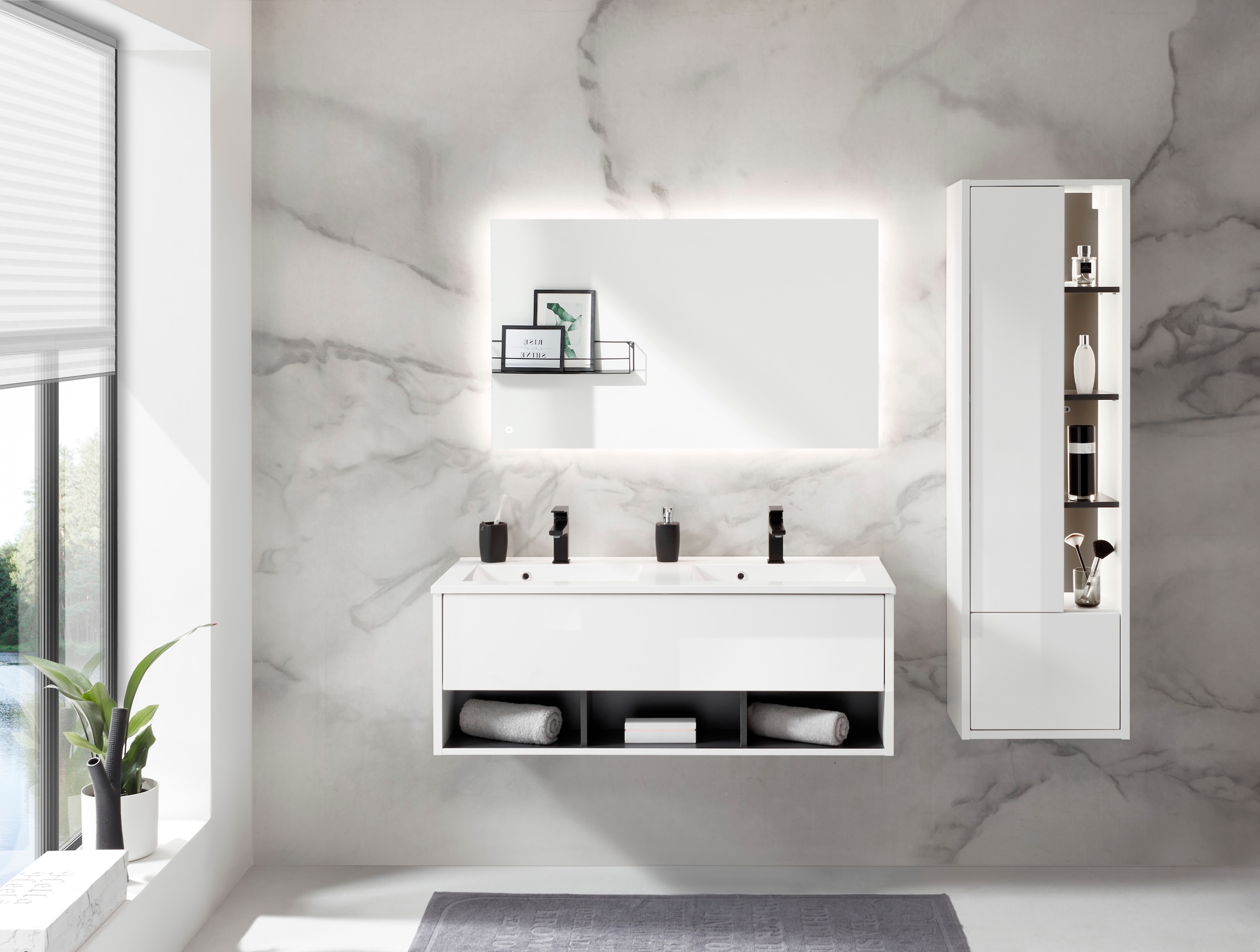 Places of Style Badmöbel-Set »Studio Line, Bad im modernen Design, 3-teiliges Badezimmer«, (3 St.), Schrank, Waschtisch und Spiegel, in zwei Farben verfügbar, Stauraum