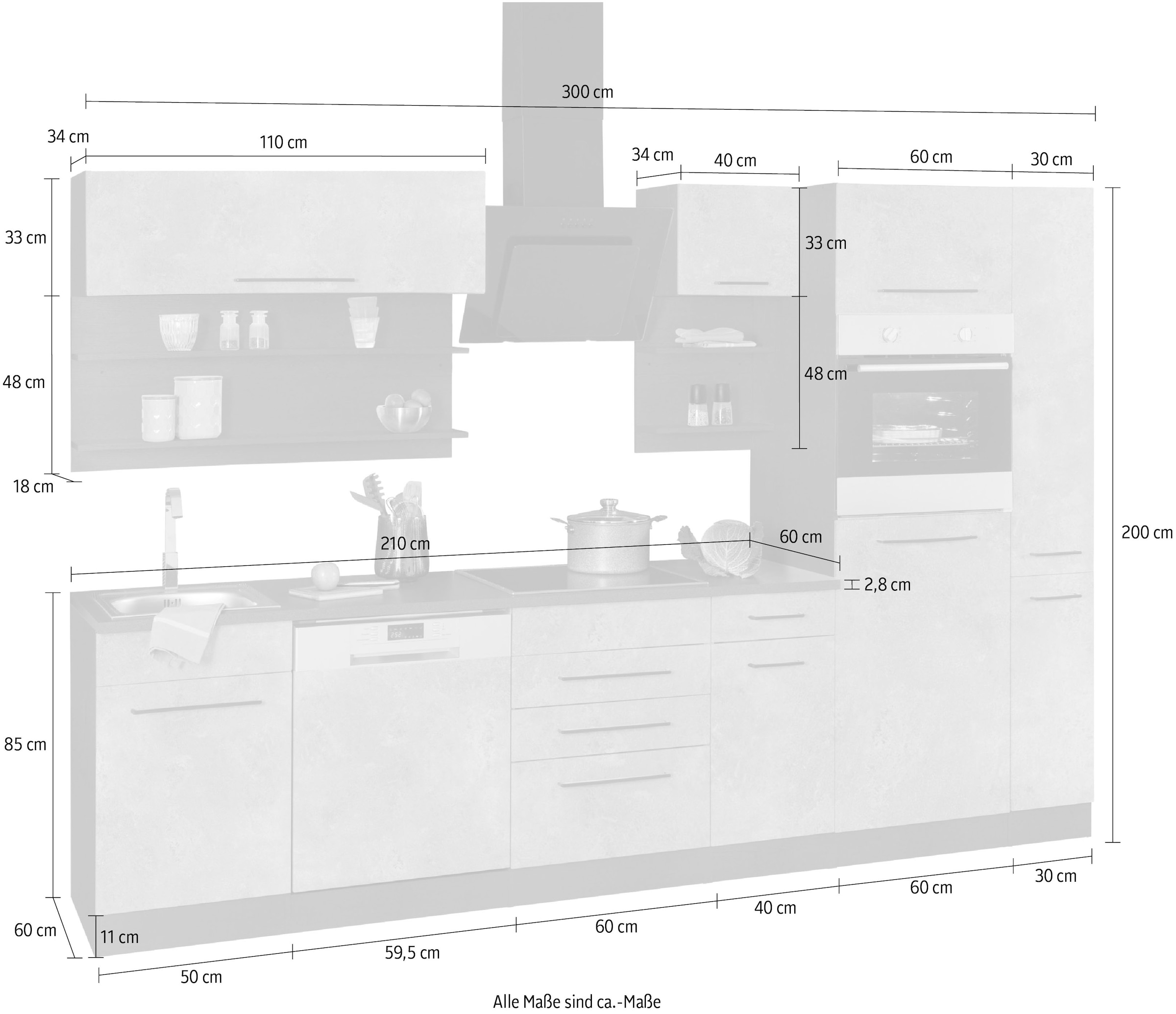 KOCHSTATION Küchenzeile »KS-Tulsa«, ohne E-Geräte, Breite 300 cm, schwarze Metallgriffe, MDF Fronten