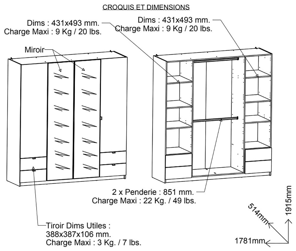 Demeyere GROUP Kleiderschrank »Mellie, 2 Spiegel, 4 Schubladen, 36 Regale, 2 Kleiderstangen« H/B/ T ca. 191/180/52cm,  maximaler Stauraum, Made in France