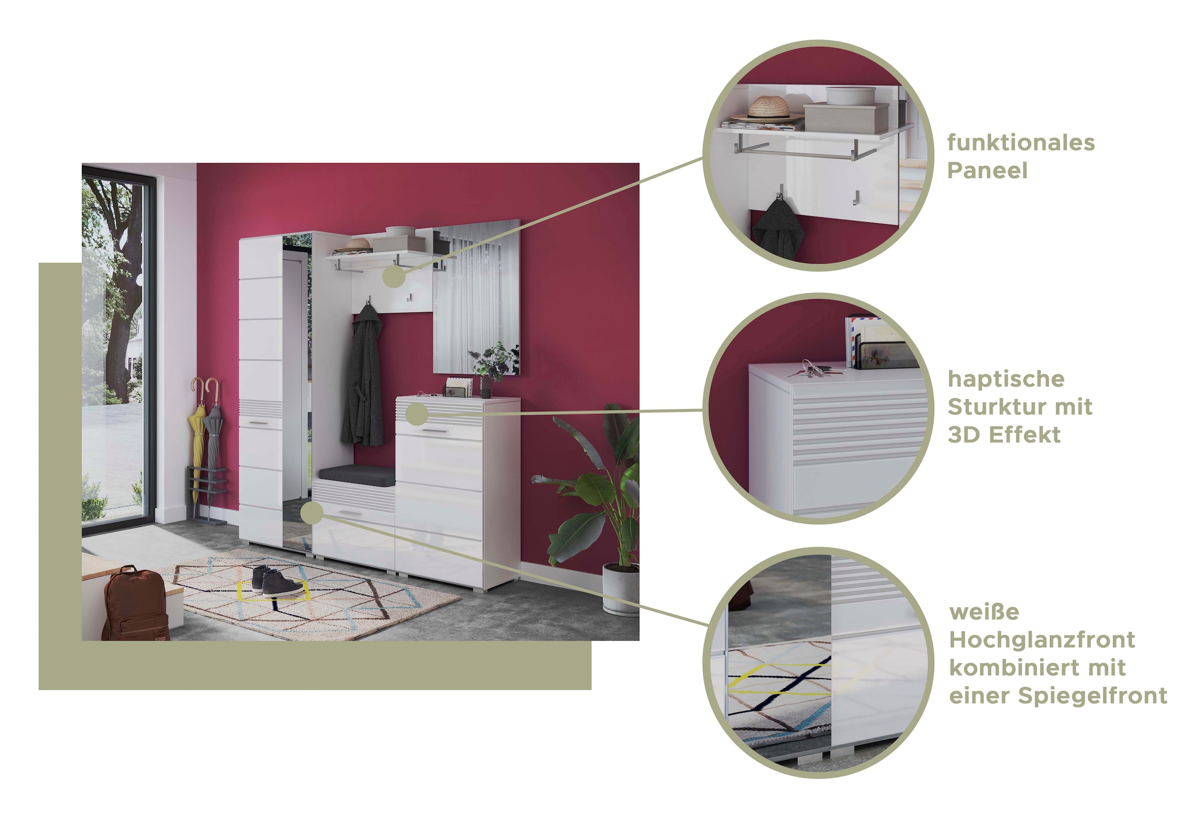 INOSIGN Garderoben-Set »Malmö, Breite 115cm, MDF Front mit Rillenfräsung, 3-teilig, best. aus:«, (3 St.), Sitzbank, Schuhkommode & Garderobenspiegel