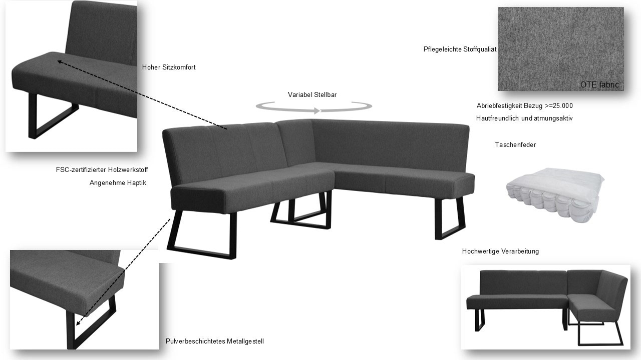 Home affaire Eckbank »Gladiole, TOPSELLER!, OTTOs Choice«, (Sitzbank, Esszimmerbank, Bank), mit Taschenfederkern, schwarzes Metallgestell, Breite 190 cm