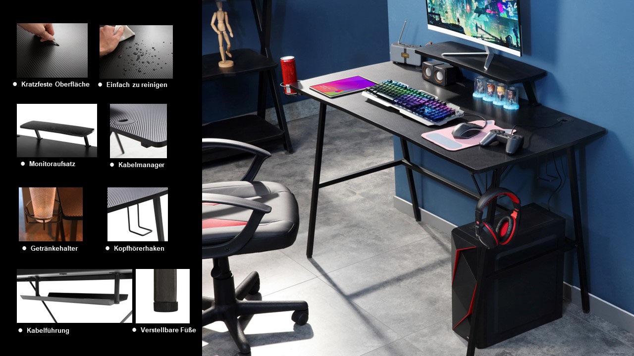 INOSIGN Gamingtisch »STREAKY, Schreibtisch, Computertisch, Kabeldurchlass, 2 Kopfhörerhaken«,Getränkehalter, Monitoraufsatz, Kabelführung, Breite 120 cm