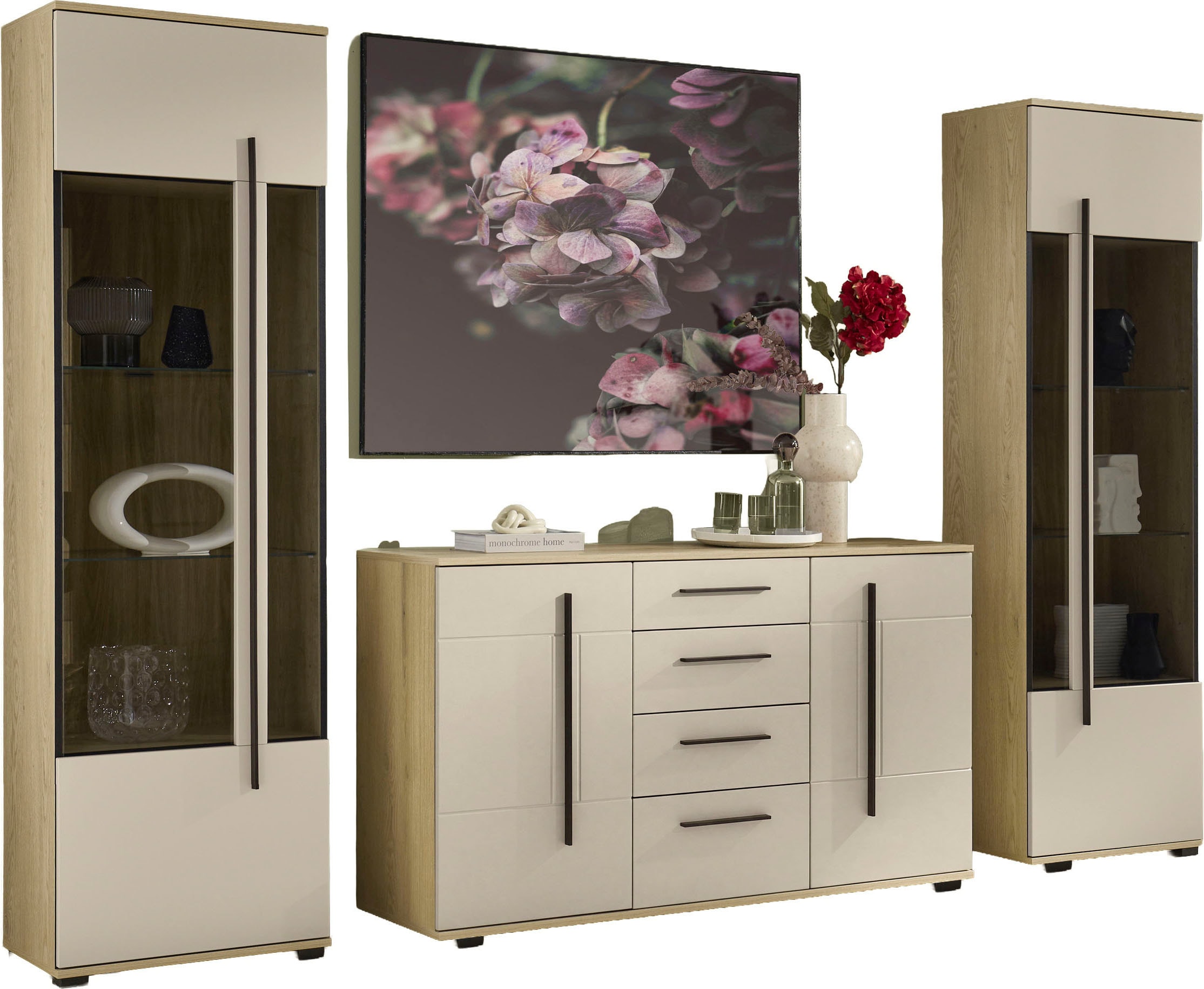 Home affaire Wohnwand »Cantara, Anbauwand, Wohnzimmer-Set, in Eiche Evoke, Weiß oder Kaschmir« Set, 