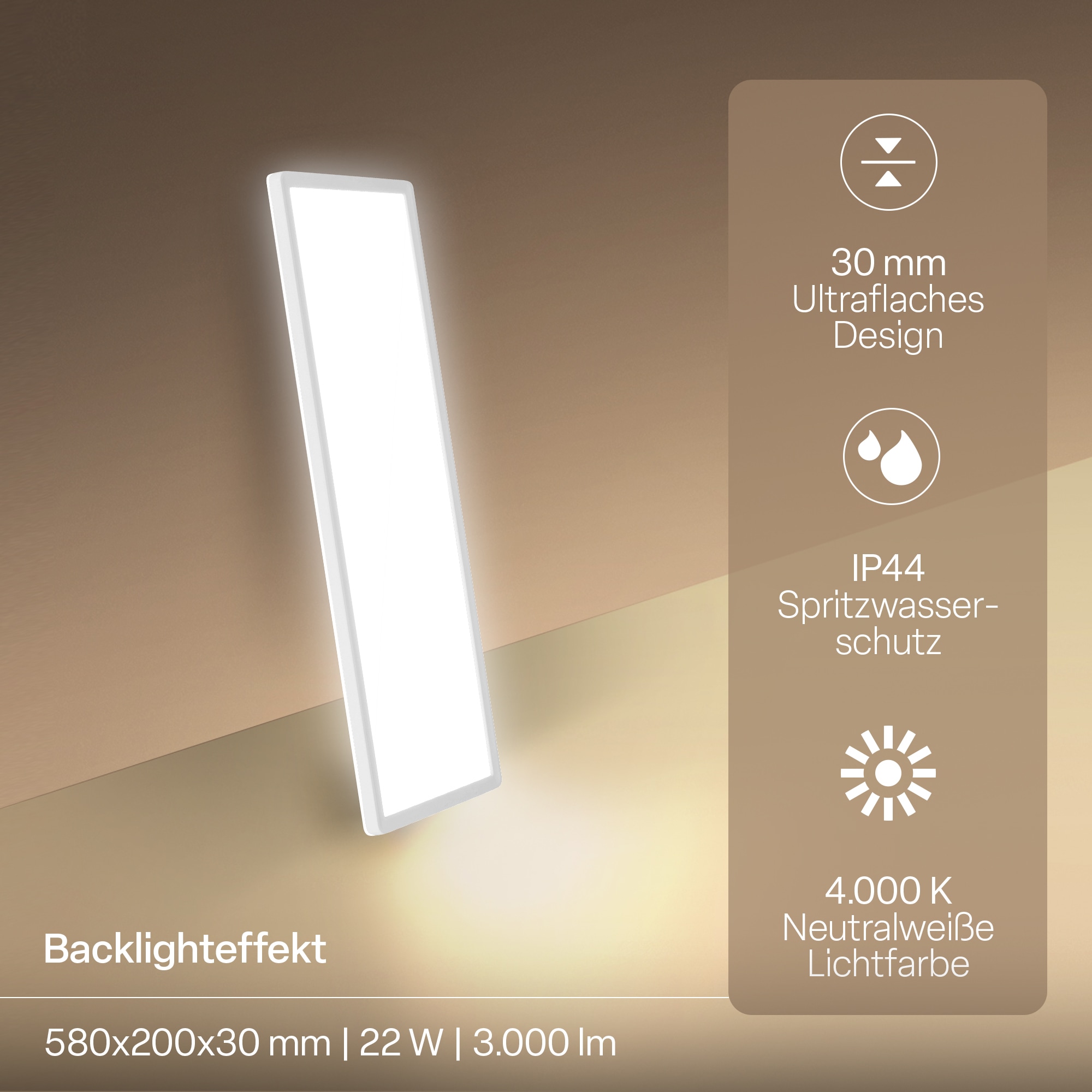 B.K.Licht LED Panel »SHALLOW« LED-Board 1 Stk. Neutralweiß 58x20x3 cm, Badlampe, Badezimmer, Küche, Wohnzimmer