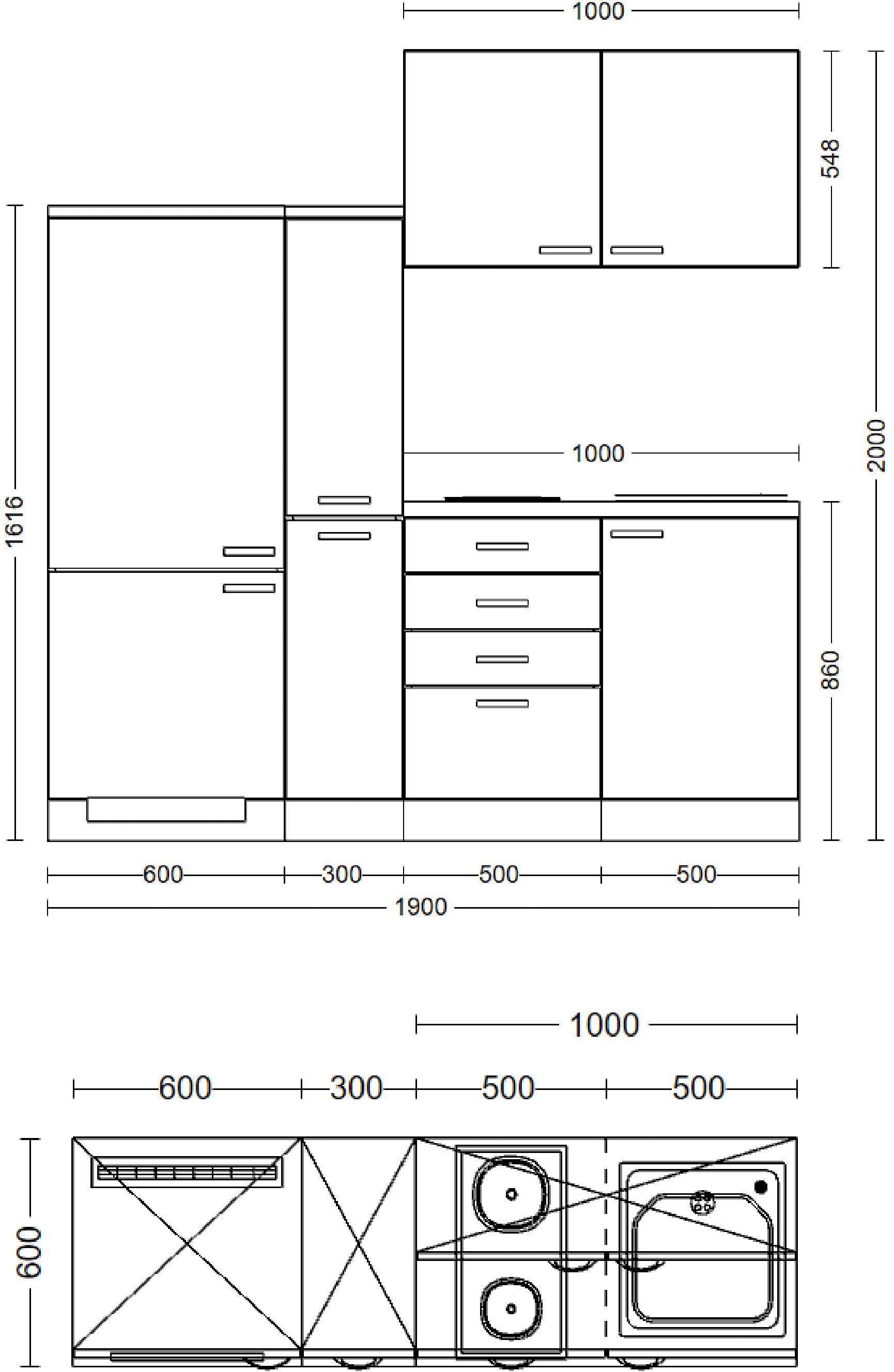 Flex-Well Küchenzeile »Florenz«, Gesamtbreite 190 cm, mit Apothekerschrank, mit Einbau-Kühlschrank etc.