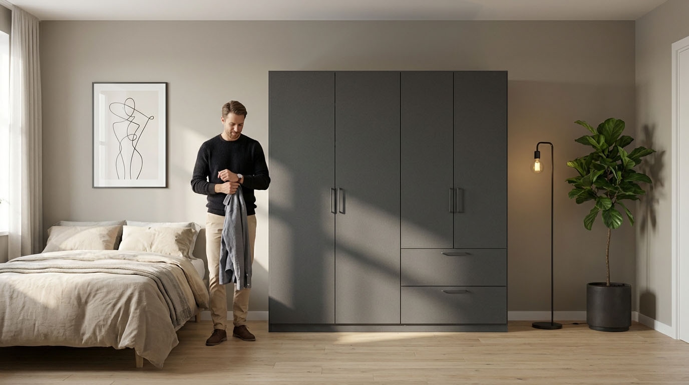 OTTO home Drehtürenschrank »Kleiderschrank Schrank Garderobe Wäscheschrank CHALLENGER« Breiten 181/226 cm, Höhen 197/210 cm,  Metallgriffe in Graumetallic und geräumige Schubladen MADE IN GERMANY