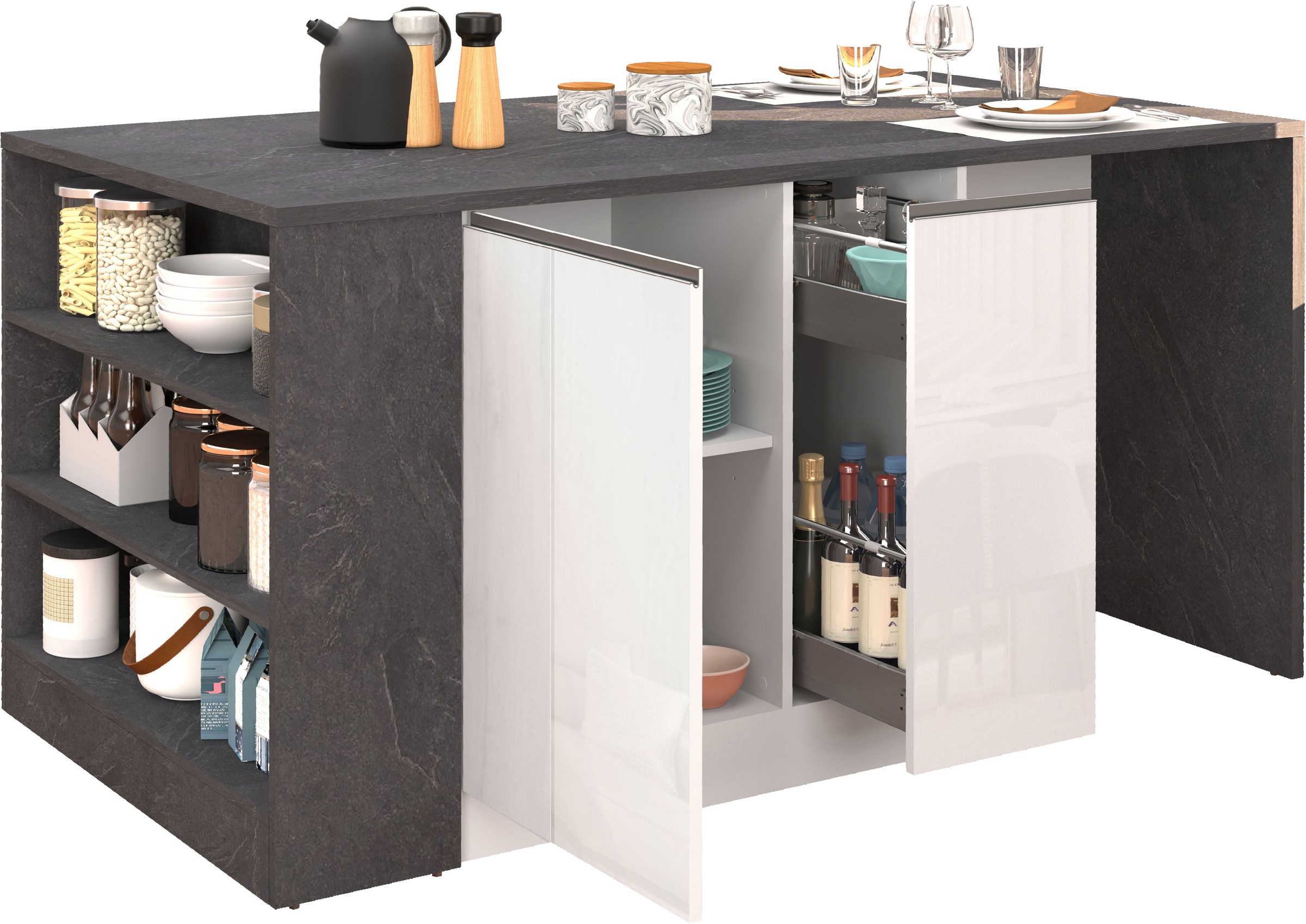 KOCHSTATION Kücheninsel »KS-Sole, Kochinsel, Küchenarbeitsblock, Arbeitsinsel, Made in Italy«, Breite 167,5 cm, 2 Apothekerauszüge, 2 Essplätze, 1 offenes Regal