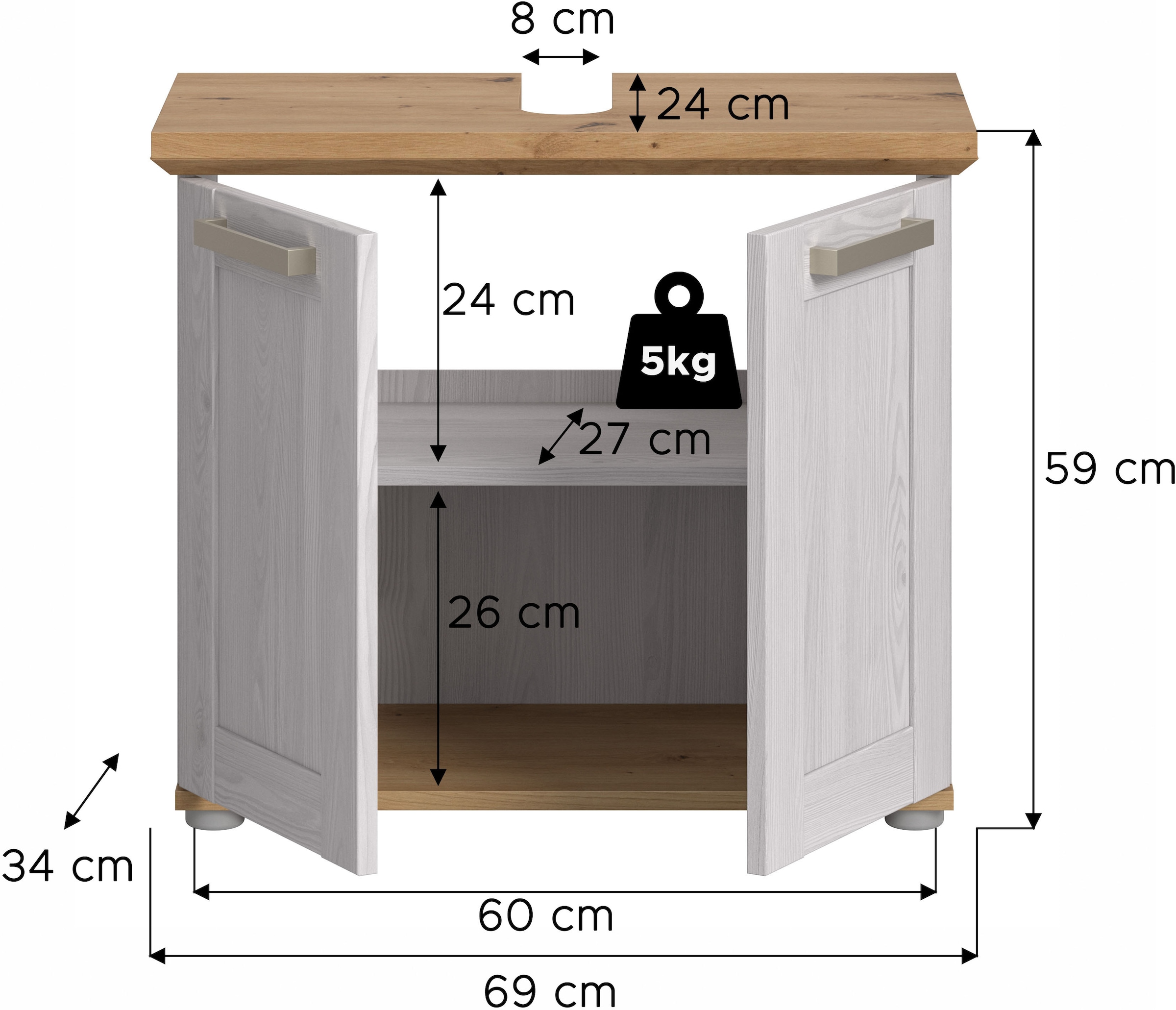 welltime Waschbeckenunterschrank »COSENZA, Breite 69cm, 2 Türen, 1 Einlegeboden, mit Siphonausschnitt« in Landhausoptik, mit weiteren Artikel der Serie kombinierbar, 1 Stk. tlg. Waschbeckenunterschrank, WBU, Bad, Badezimmer