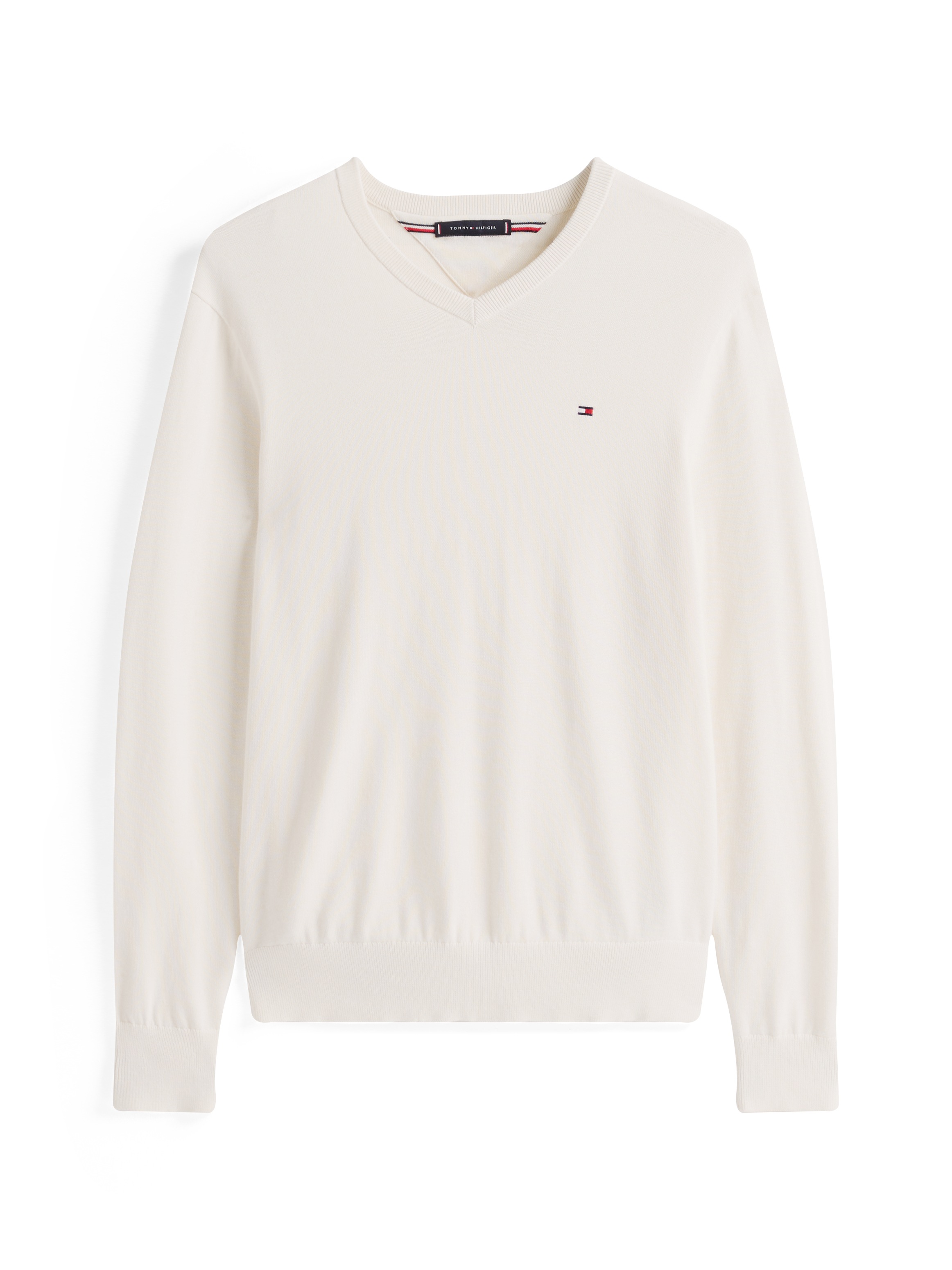 Tommy Hilfiger Strickpullover »ESSENTIAL COTTON V NECK mit V-Ausschnitt und Stickerei«, unifarben, casual, regular fit, Baumwolle, V-Ausschnitt