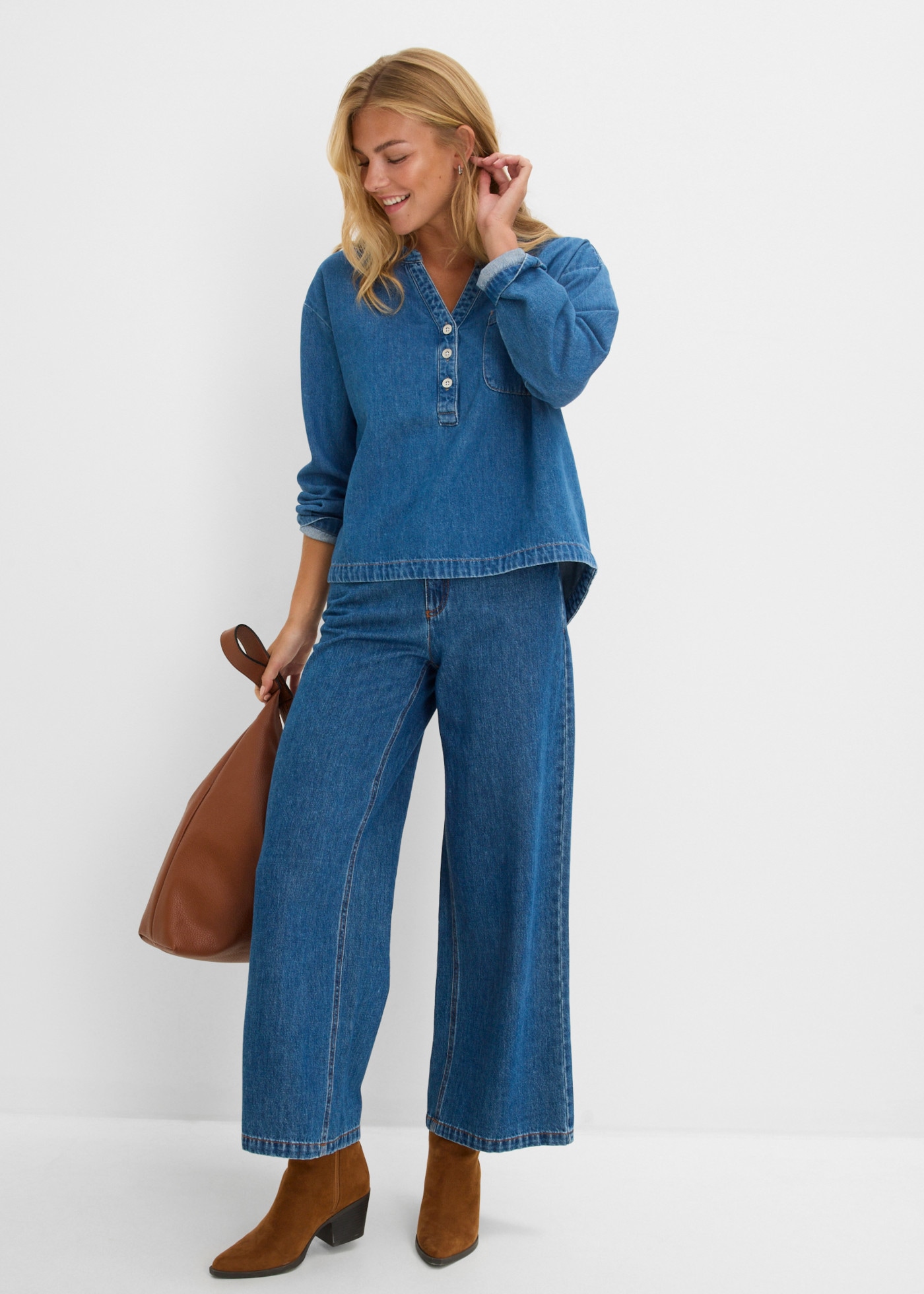 bonprix Jeansbluse Tunika, aus reiner Baumwolle, Oversize-Passform, Langarm