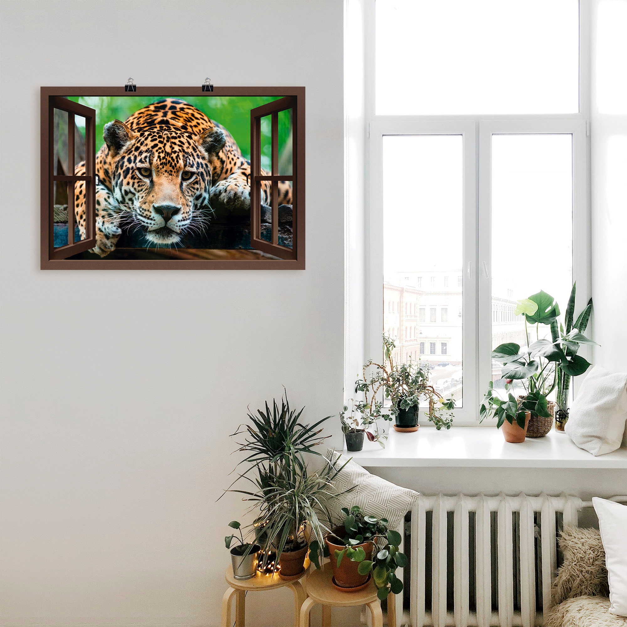 Artland Poster »Fensterblick - Südamerikanischer Jaguar«, Wildtiere, (1 St.), als Alubild, Leinwandbild, Wandaufkleber oder Poster in versch. Größen