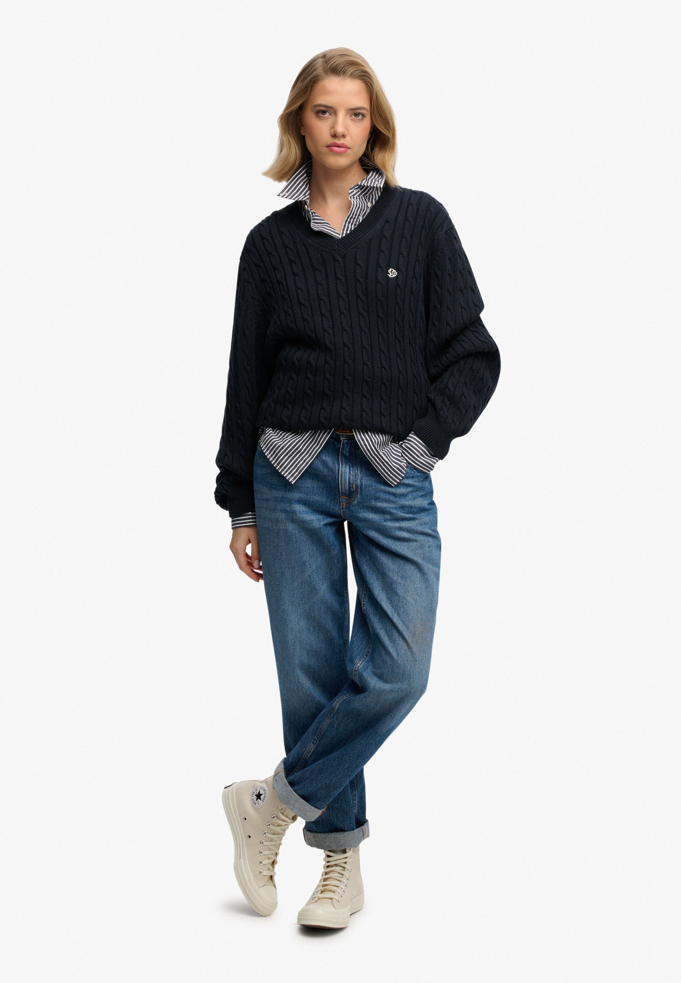 Superdry V-Ausschnitt-Pullover »OVERSIZED CABLE V NECK JUMPER« Baumwolle, oversized Fit