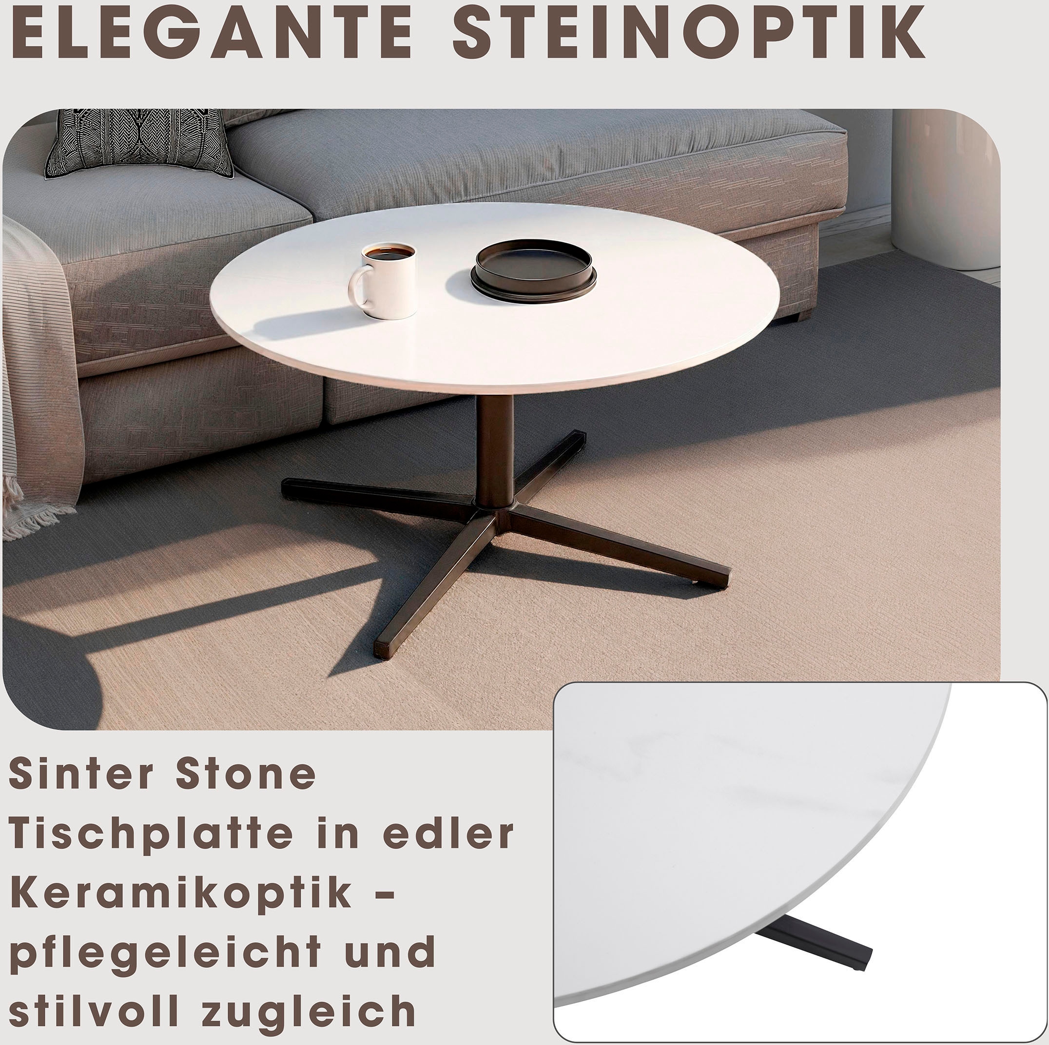 byLIVING Couchtisch »Cup« 1 Stk. tlg. modernes, rundes Design in Keramikoptik mit Kreuzgestell, 70cm