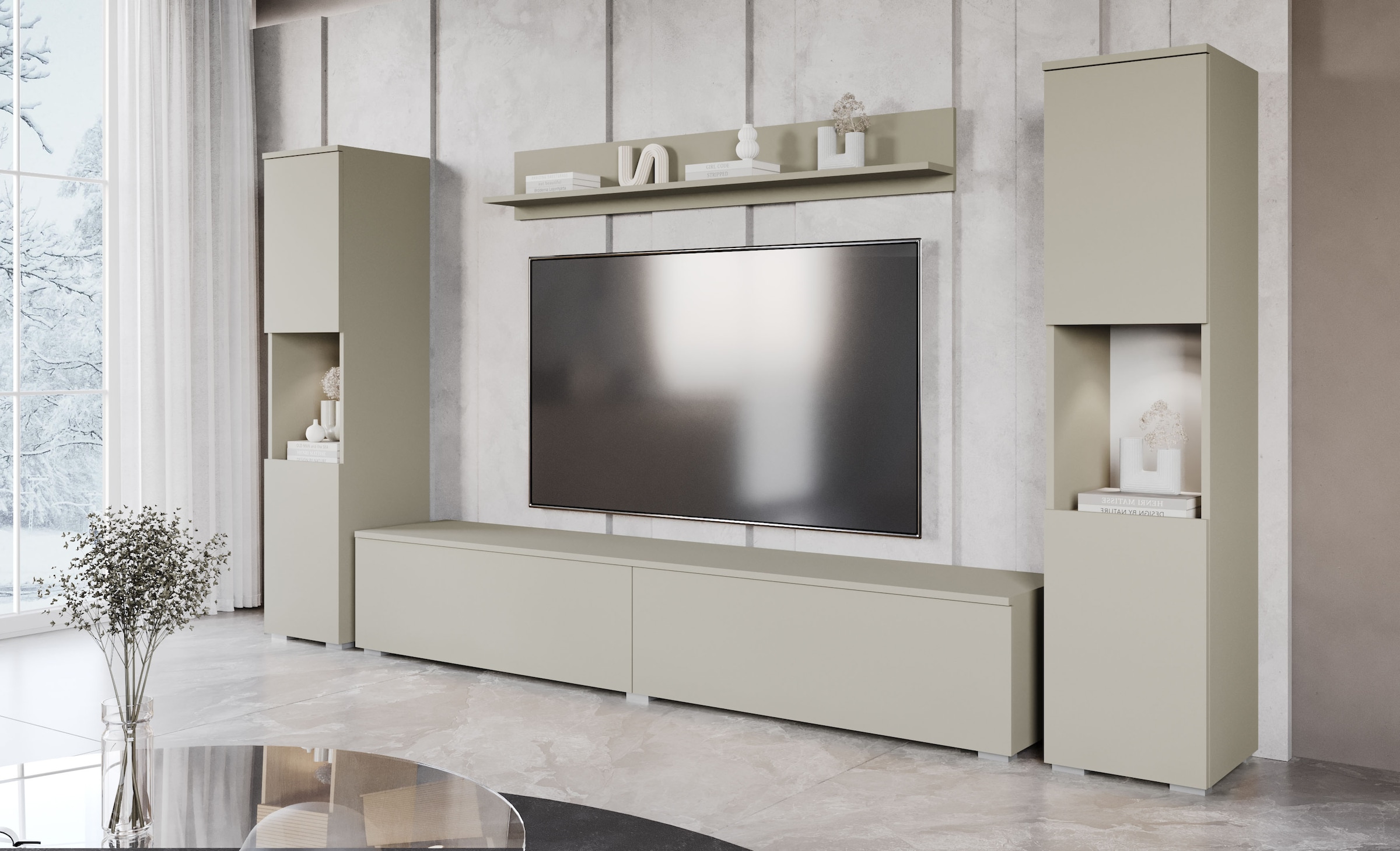 INOSIGN Wohnwand »PARIS, Vitrine Türanschlag links/rechts wechselbar«, (Komplett-Set, 4 St.), grifflose Design, stehend und hängend montierbar