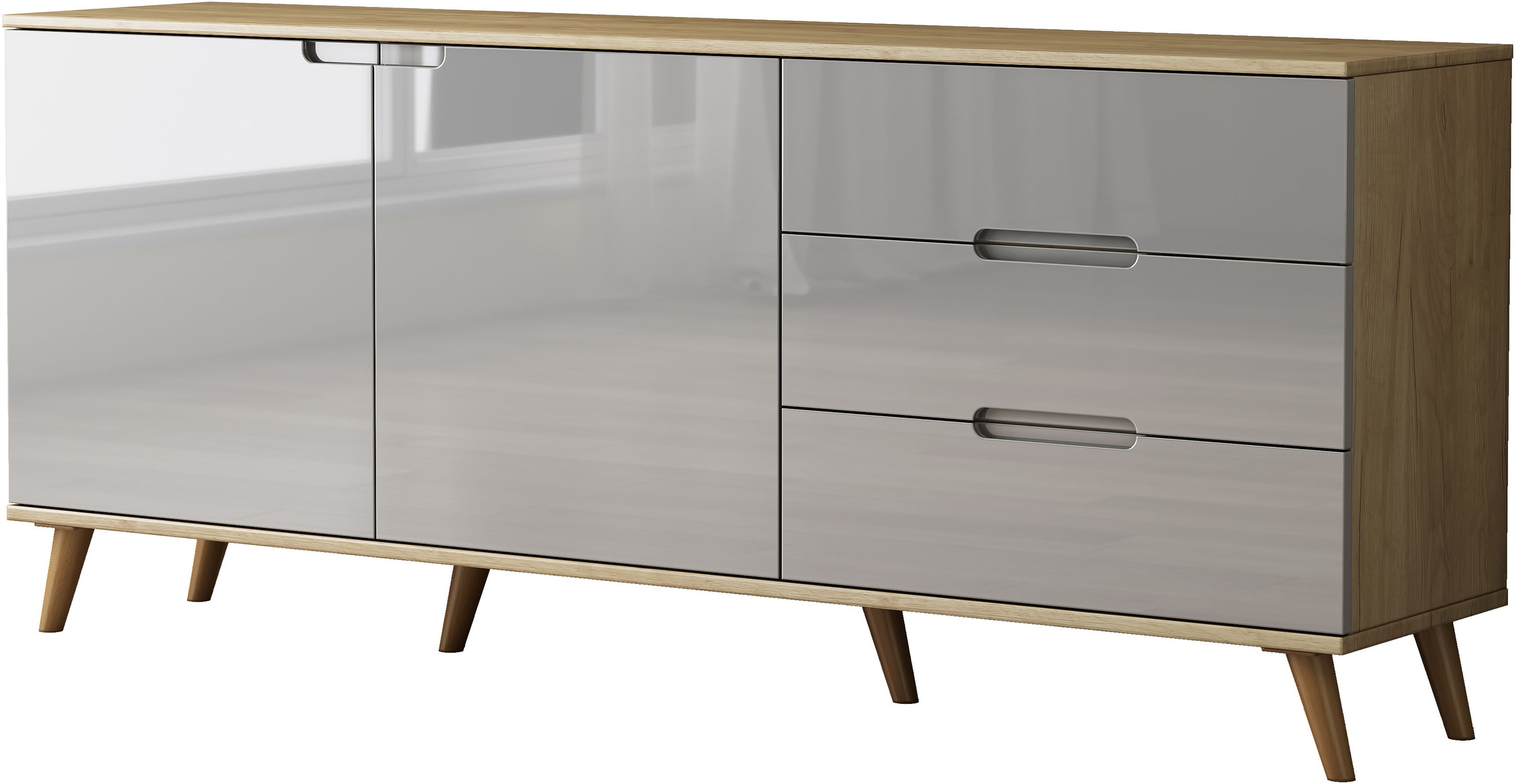 OTTO home Sideboard »Lund« mit glänzenden Fronten, Griffmulden, helles Holzdekor, Breite 180 cm