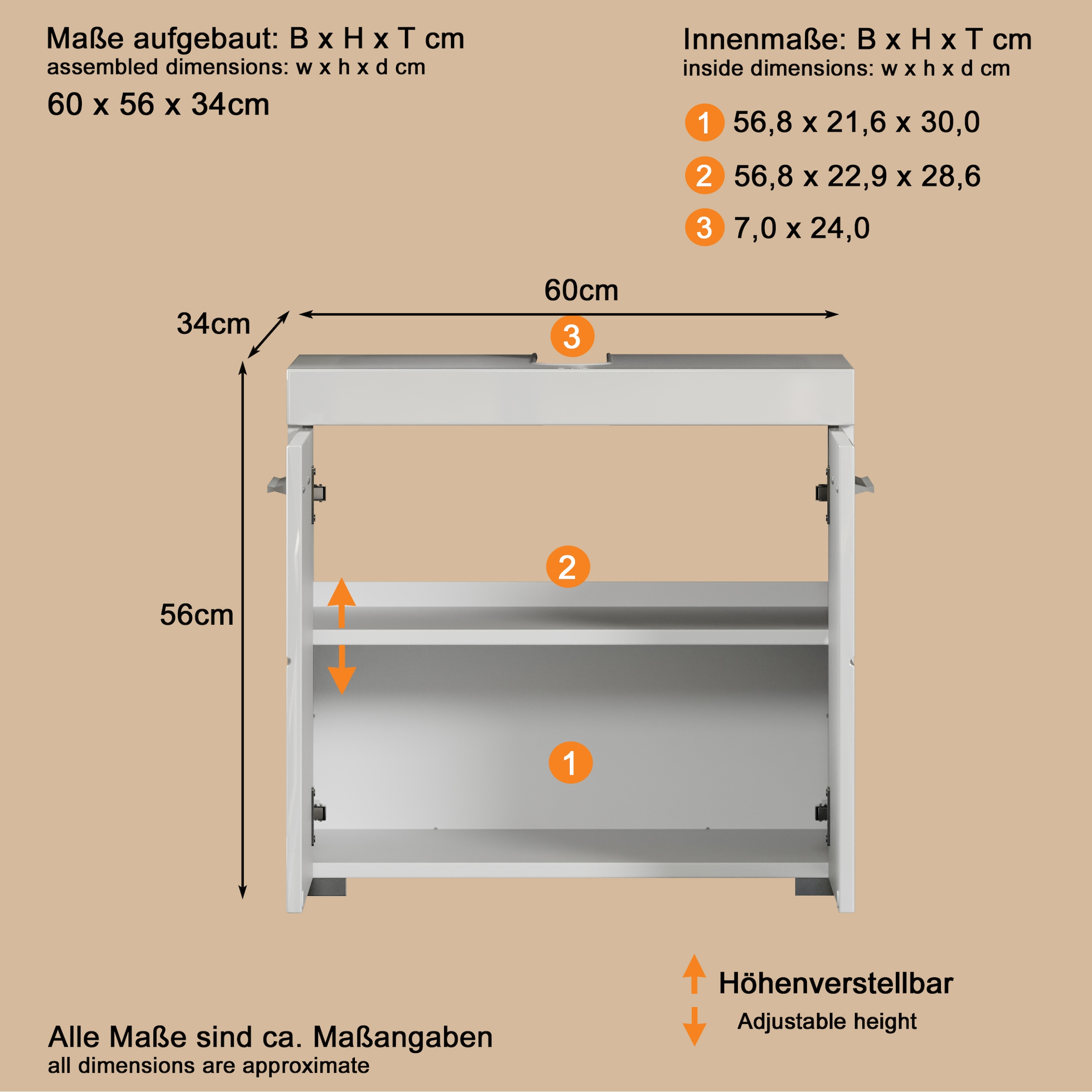 welltime Waschbeckenunterschrank »Avena« Waschtisch 2türig- Aussparung 26/8 cm - (B/T/H) 60/34/56 cm