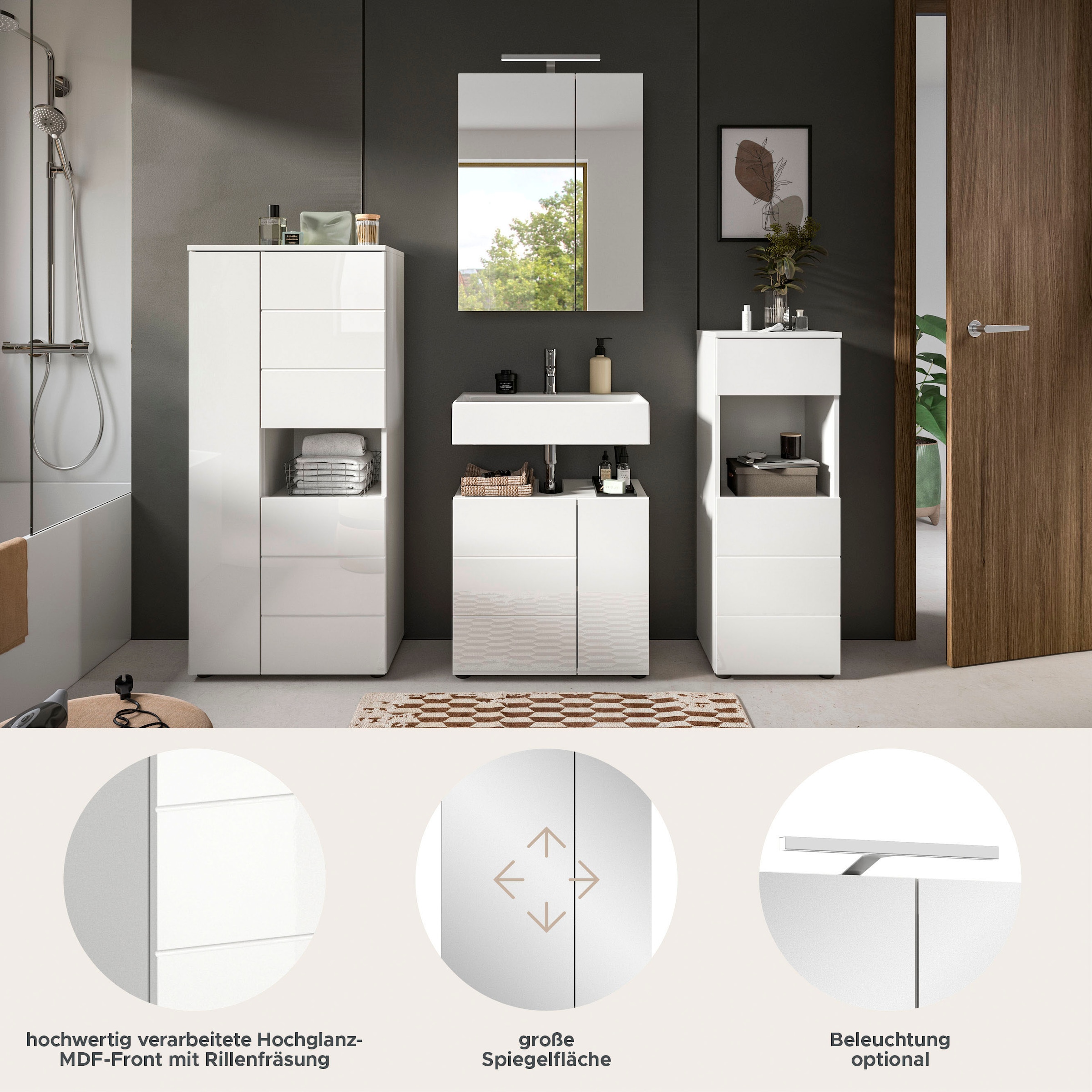 welltime Badmöbel-Set »Biel, Höhe 190 cm,Hochschrank,WBU, Spiegelschrank, Unterschrank, Lampe«, (5 St.), Bad Set, modernes Design, Unterschrank, Spiegel, Aufsatzleuchte