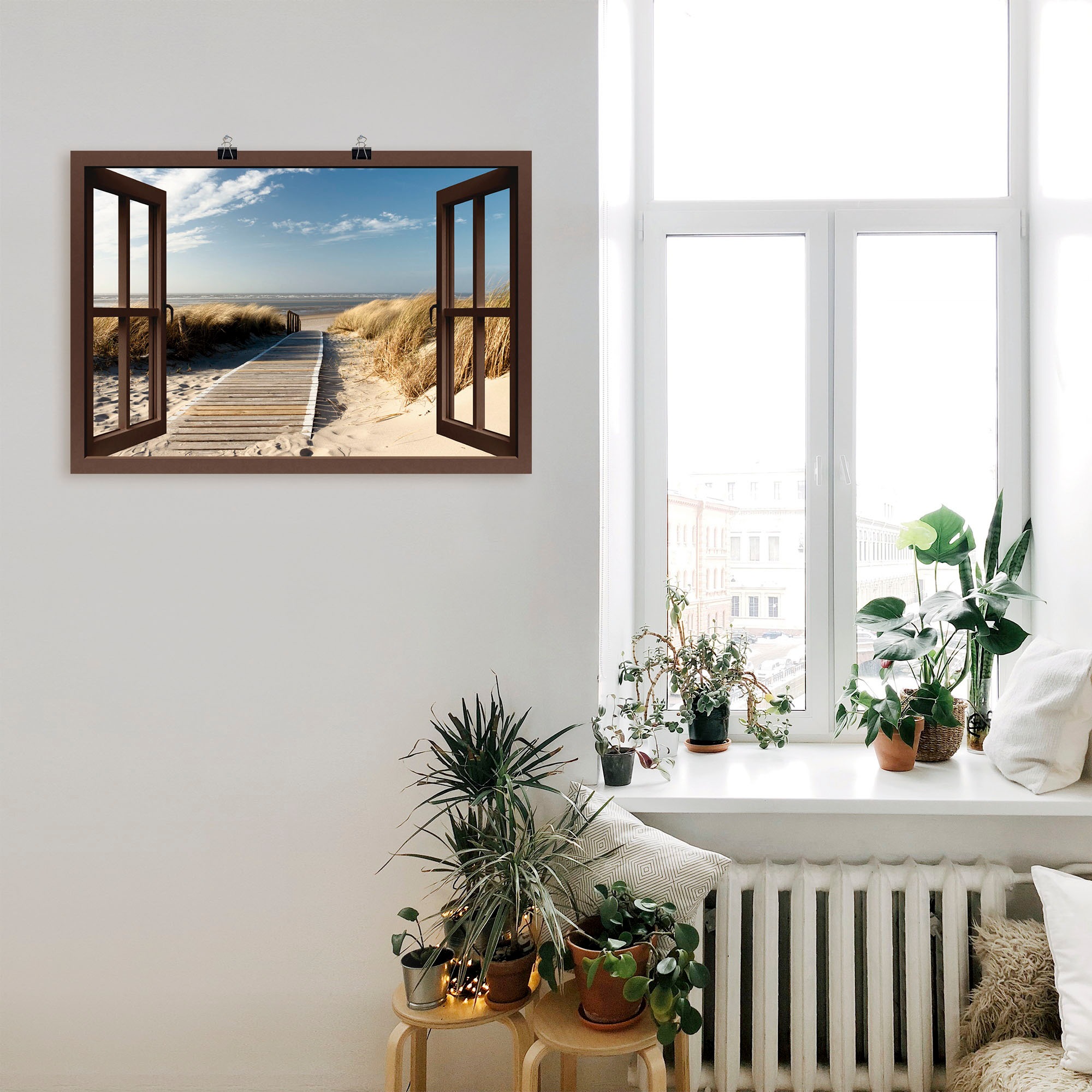 Artland Wandbild »Fensterblick Nordseestrand auf Langeoog«, Fensterblick, (1 St.), als Leinwandbild, Poster, Wandaufkleber in verschied. Größen