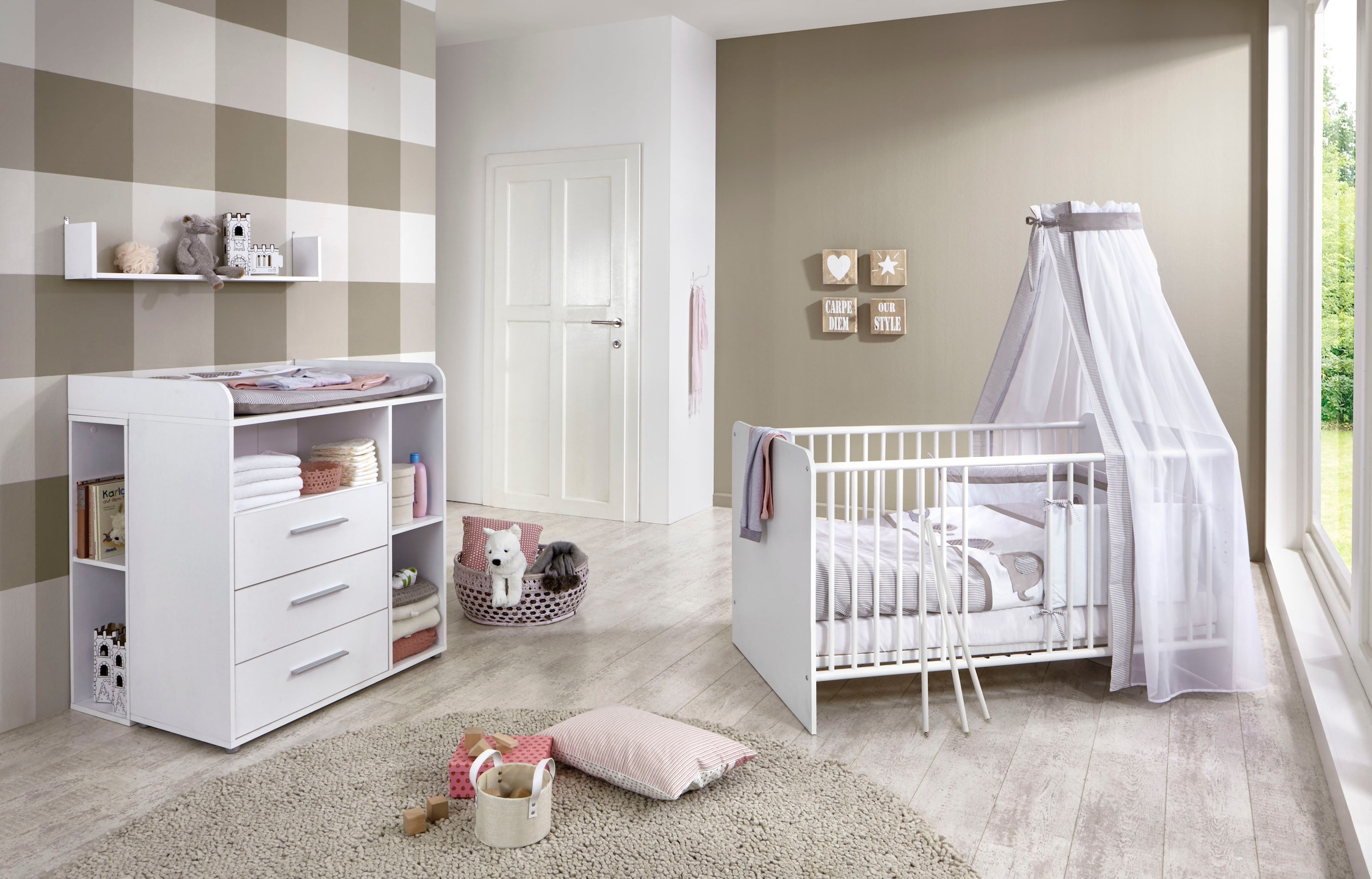 Babymöbel-Set »Luis«, (Set, 5 St., Bett + Wickelkommode + Unterstellregal (Set 2-tlg.)...