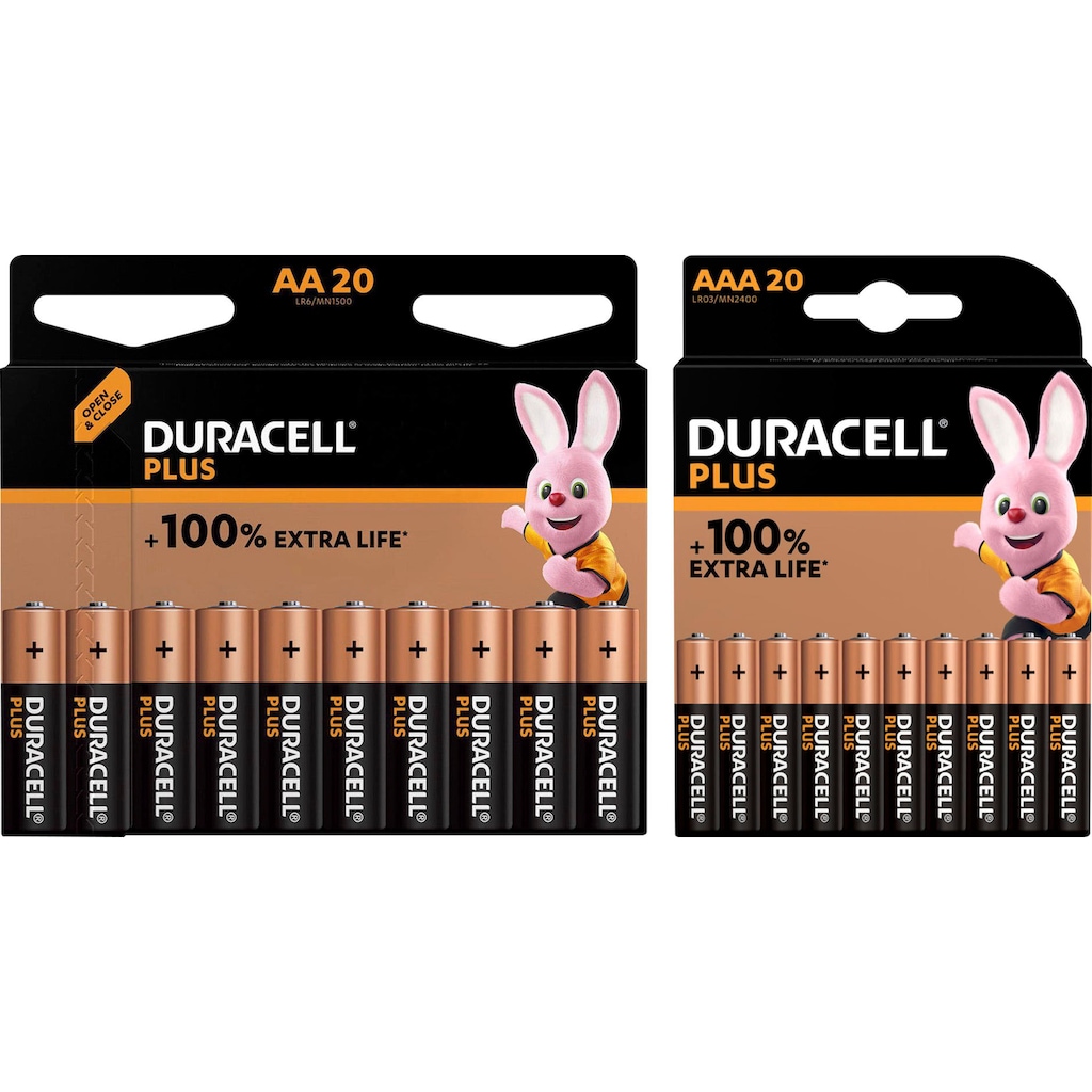 Duracell Batterie »20+ 20 Pack: 20x Mignon/AA/LR06 + 20x Micro/AAA/LR03«, LR03, 1,5 V, (Spar-Set, 40 St., Alkaline Batterie, 40 Stück)