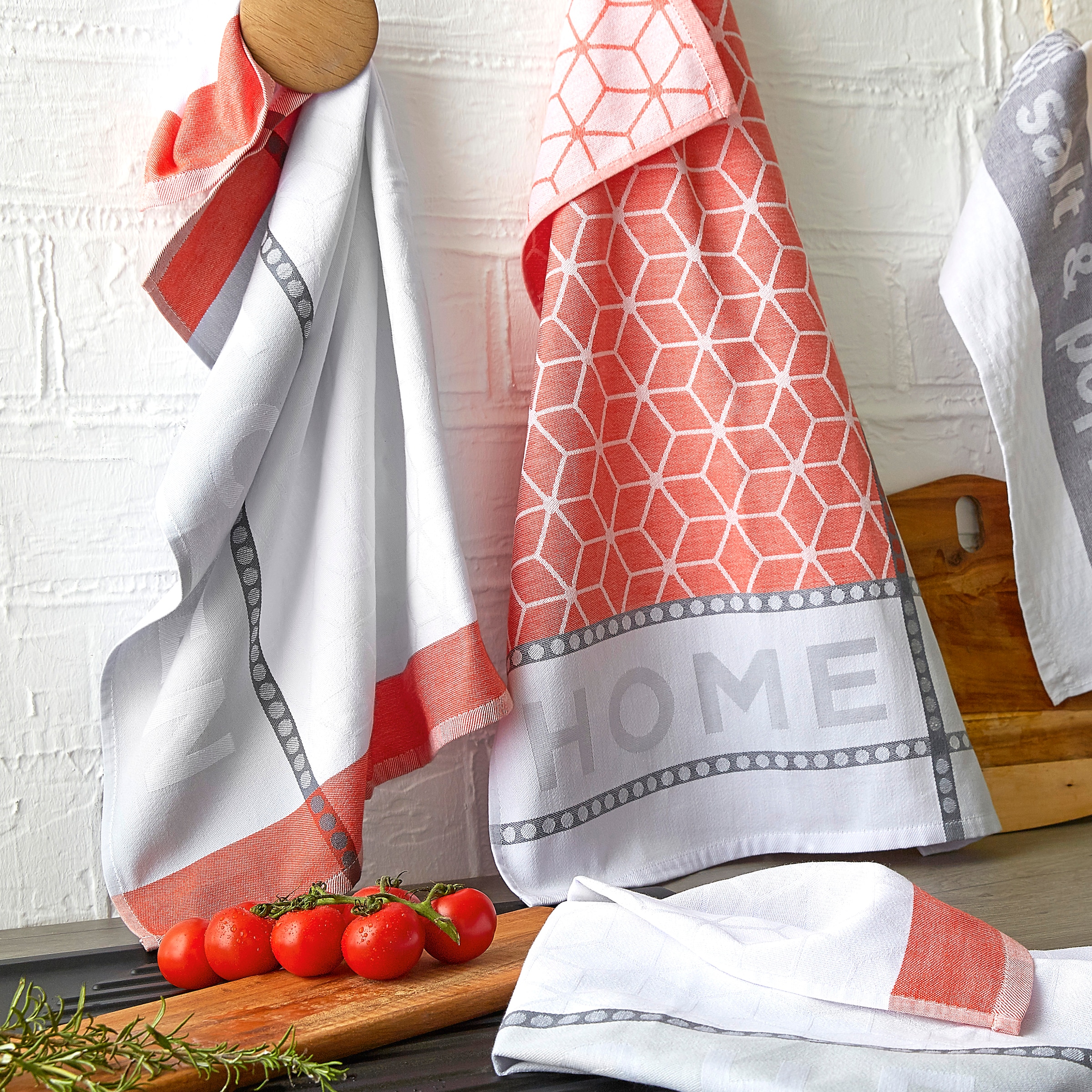 Dyckhoff Geschirrtuch »HOME & KITCHEN, Maße je Tuch ca. 50x70 cm, aus 100% Baumwolle«, (Set, 3 tlg.), mit zwei verschiedenen Motiven