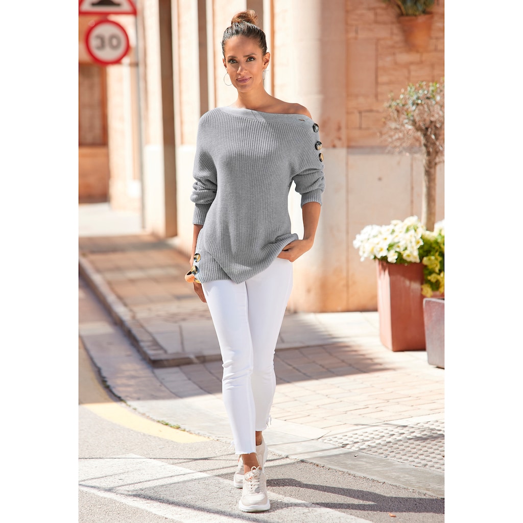 LASCANA Strickpullover, mit Knöpfen im Off-Shoulder-Style, Damenpullover aus Baumwoll-Mix