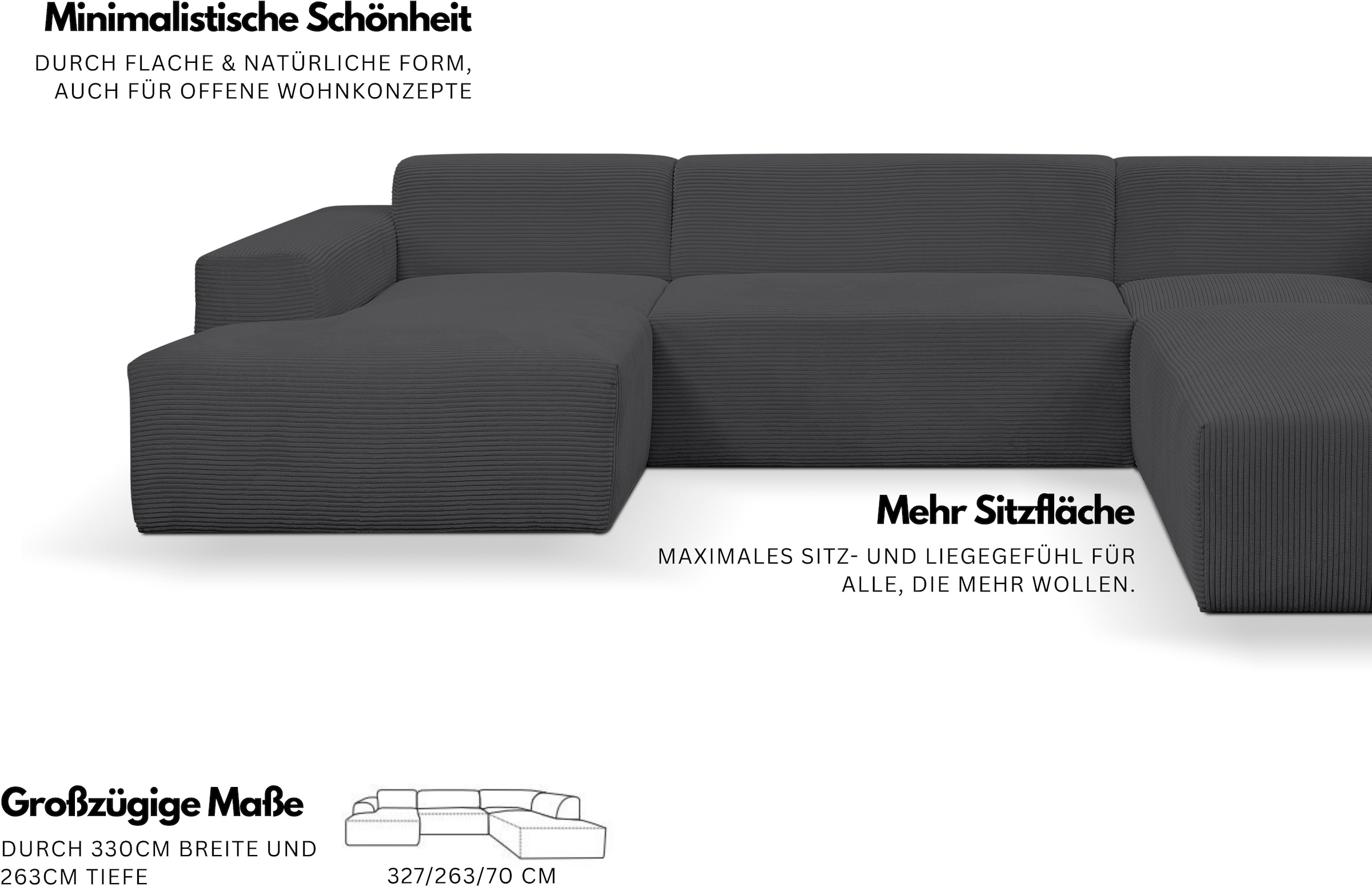 WERK2 Wohnlandschaft »Zeus-U, viel Platz, Breite 330 cm, modern und zeitlos« Curvy Trend Wohnlandschaft mit urbaner Optik auch in weichem Cord