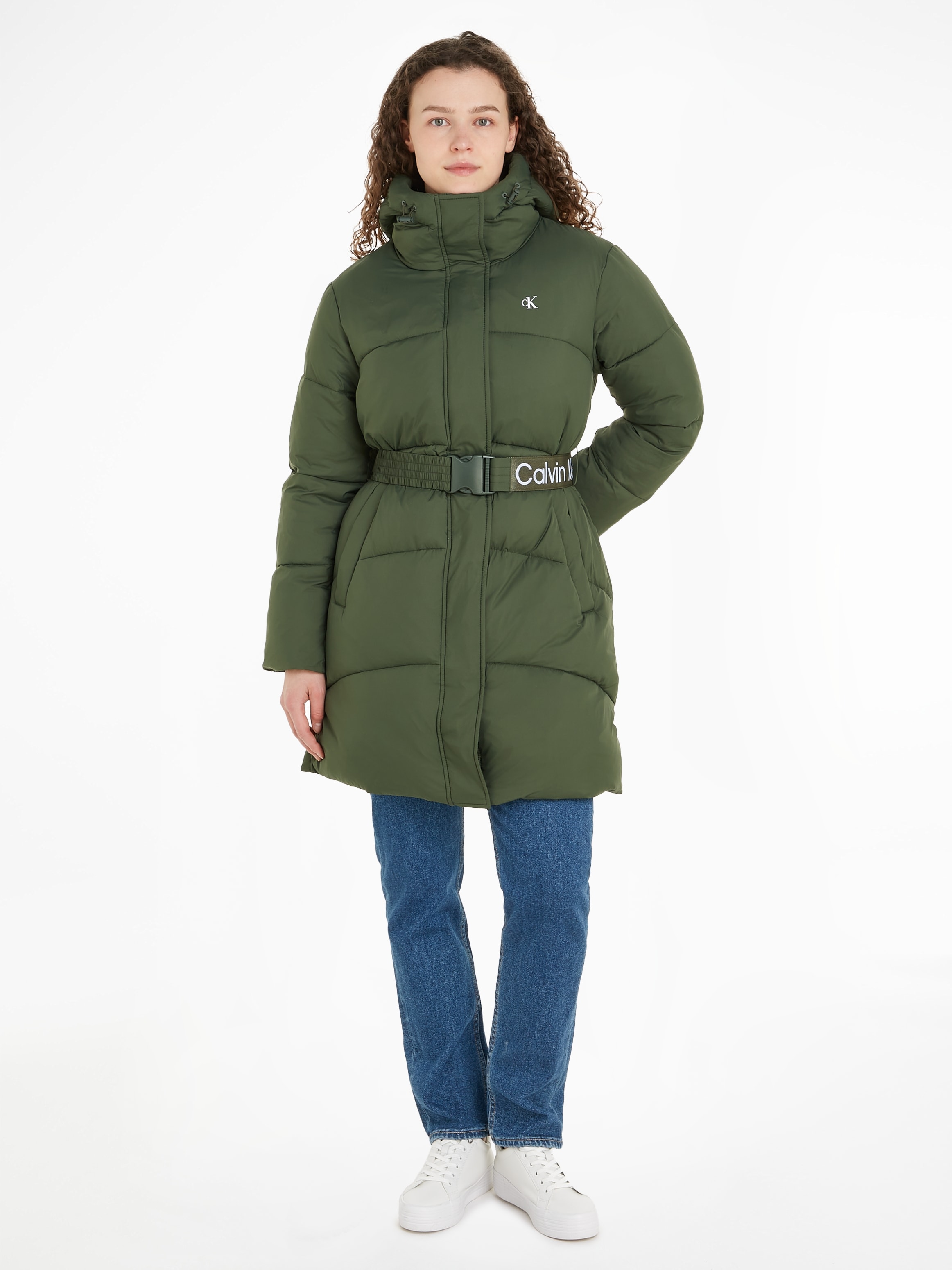 Langjacke »LOGO BELT LONG PUFFER«, mit Kapuze, mit Taillengürtel