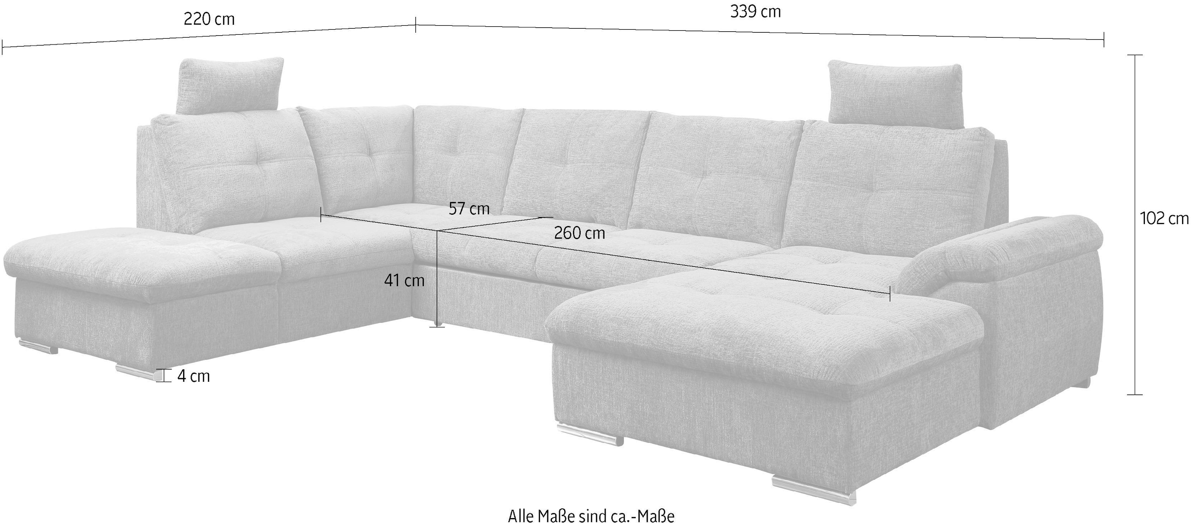 WERK2 Wohnlandschaft »Arena 339 cm breit mit Bett & Bettkasten, wahlw. mit 2 Kopfstützen« U-Form, XXL, Schlaffunktion, Bettkasten