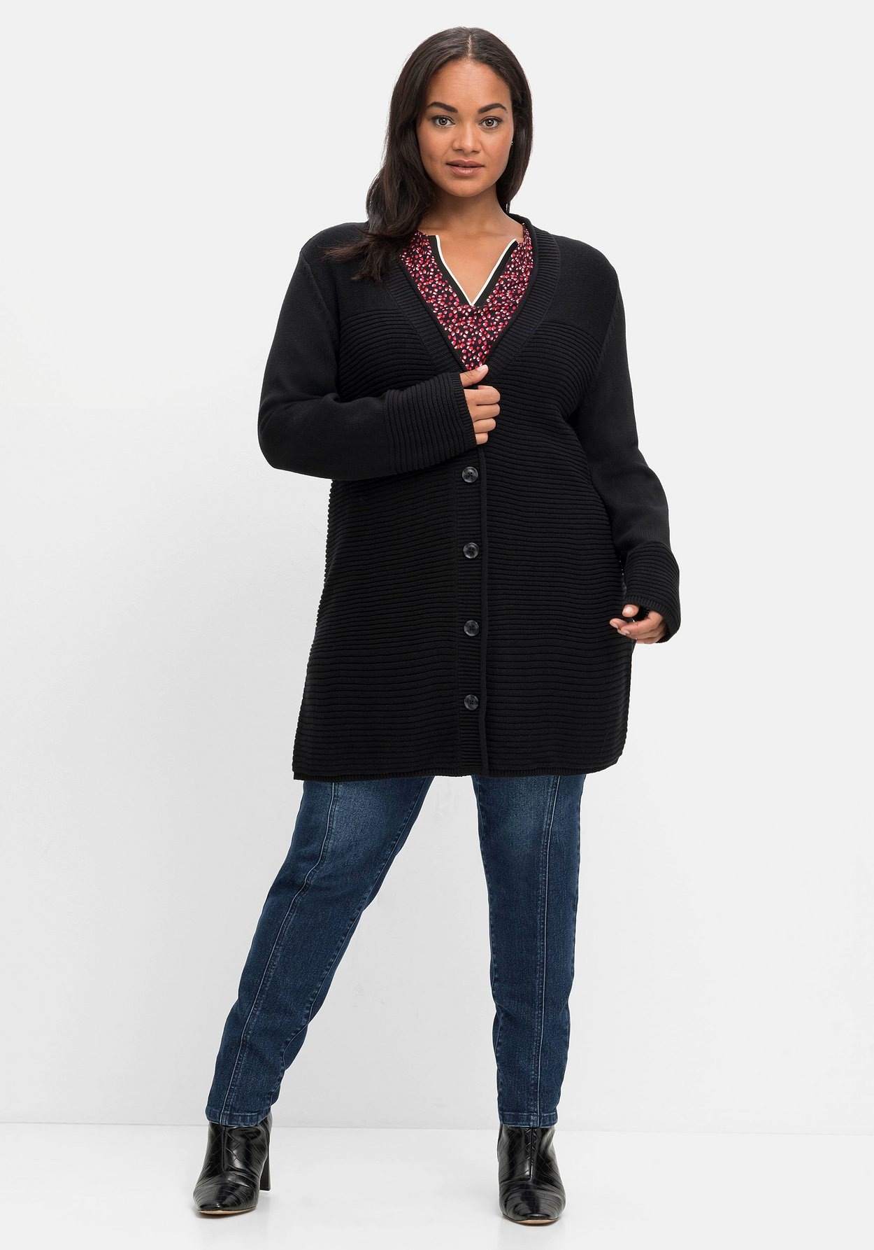 Sheego Longstrickjacke »Longstrickjacke im Strukturmix, mit V-Ausschnitt«, im Strukturmix, mit V-Ausschnitt