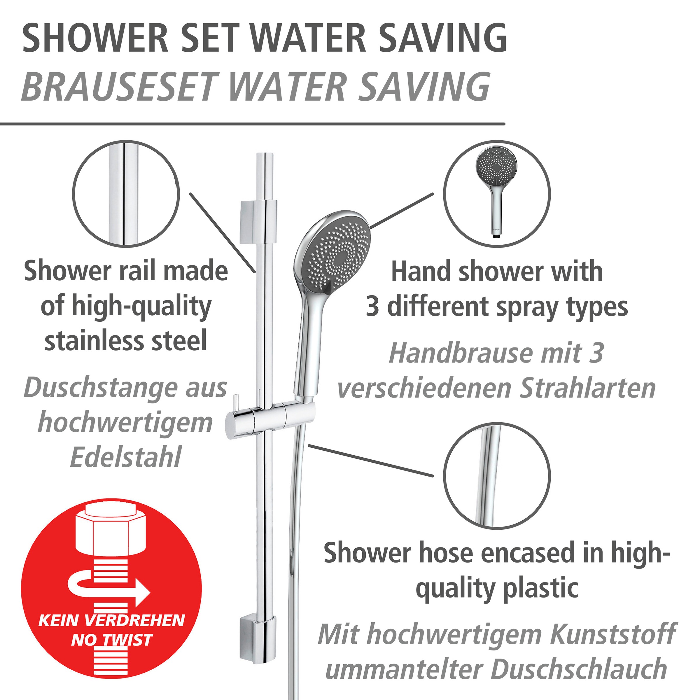 WENKO Stangenbrause-Set »Watersaving«, Chrom, Länge Stange: 70 cm