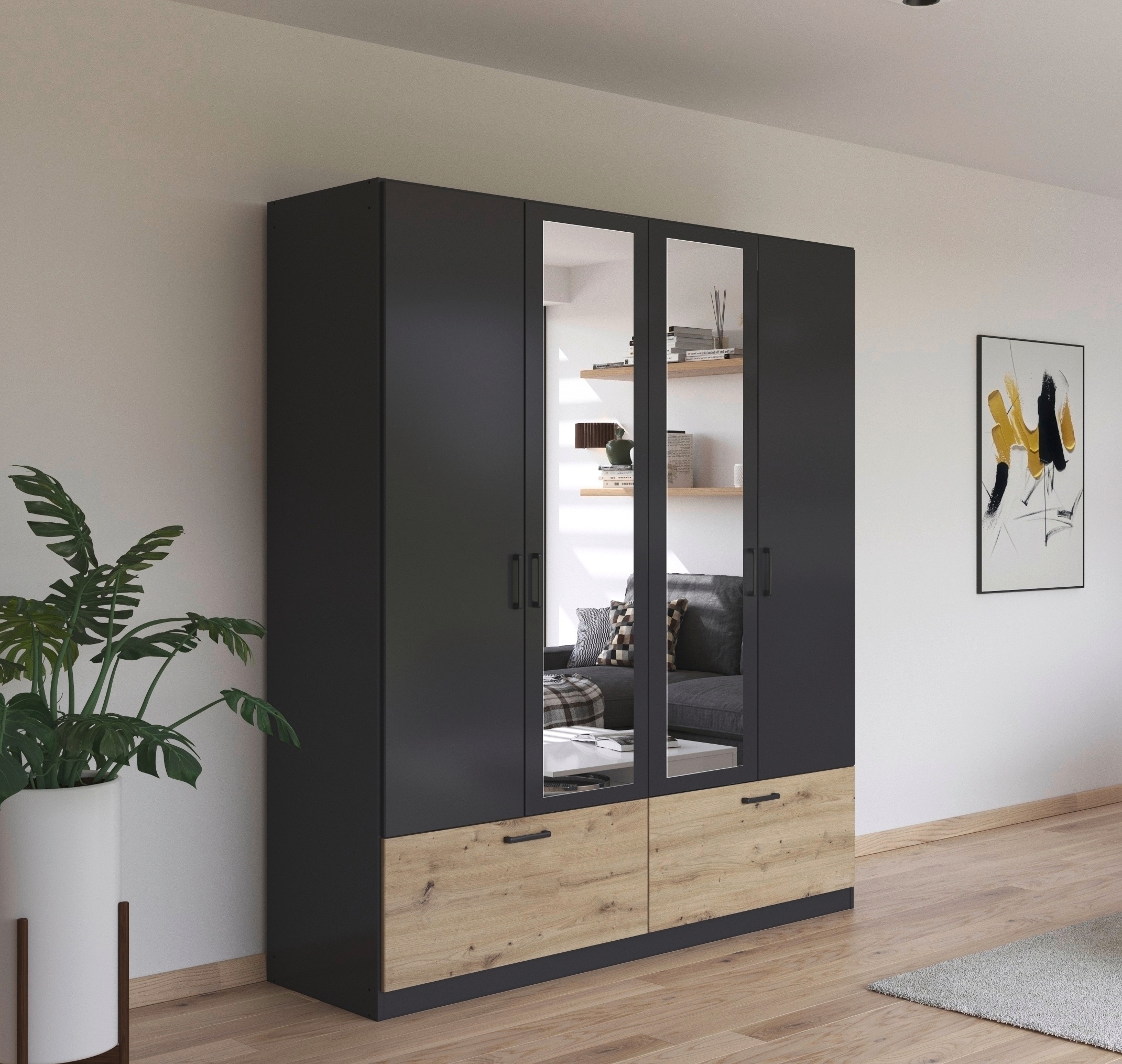 rauch Drehtürenschrank »Kleiderschrank Schrank Garderobe Wäscheschrank BARI mit Spiegel« mit Schubkästen und modernem Griff in Graumetallic MADE IN GERMANY