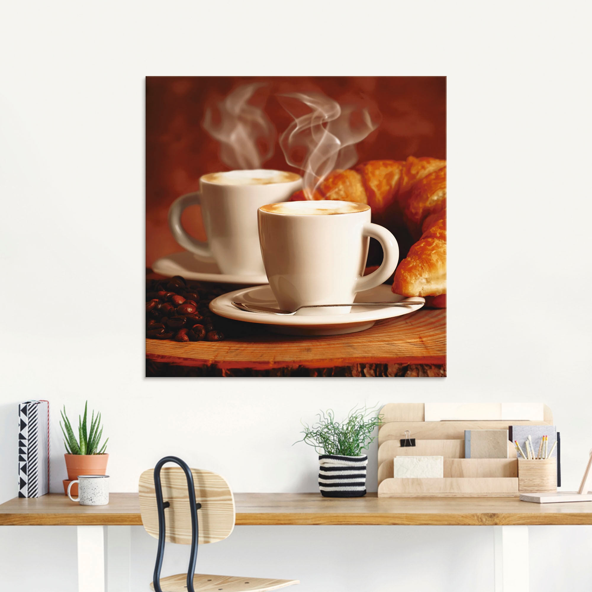 Artland Glasbild »Dampfender Cappuccino und Croissant«, Getränke, (1 St.), in verschiedenen Größen