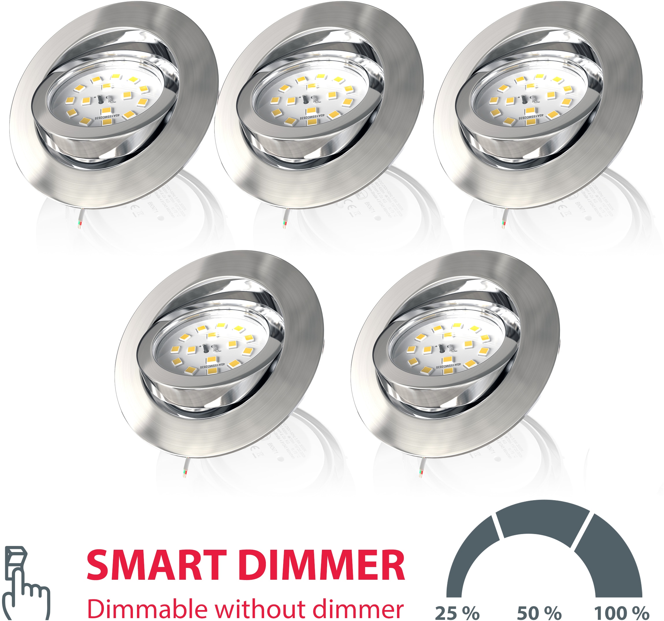 B.K.Licht LED Einbauleuchte, 5 flammig-flammig, LED Einbaustrahler, dimmbar, 3-stufig, Wandschalter, schwenkbar
