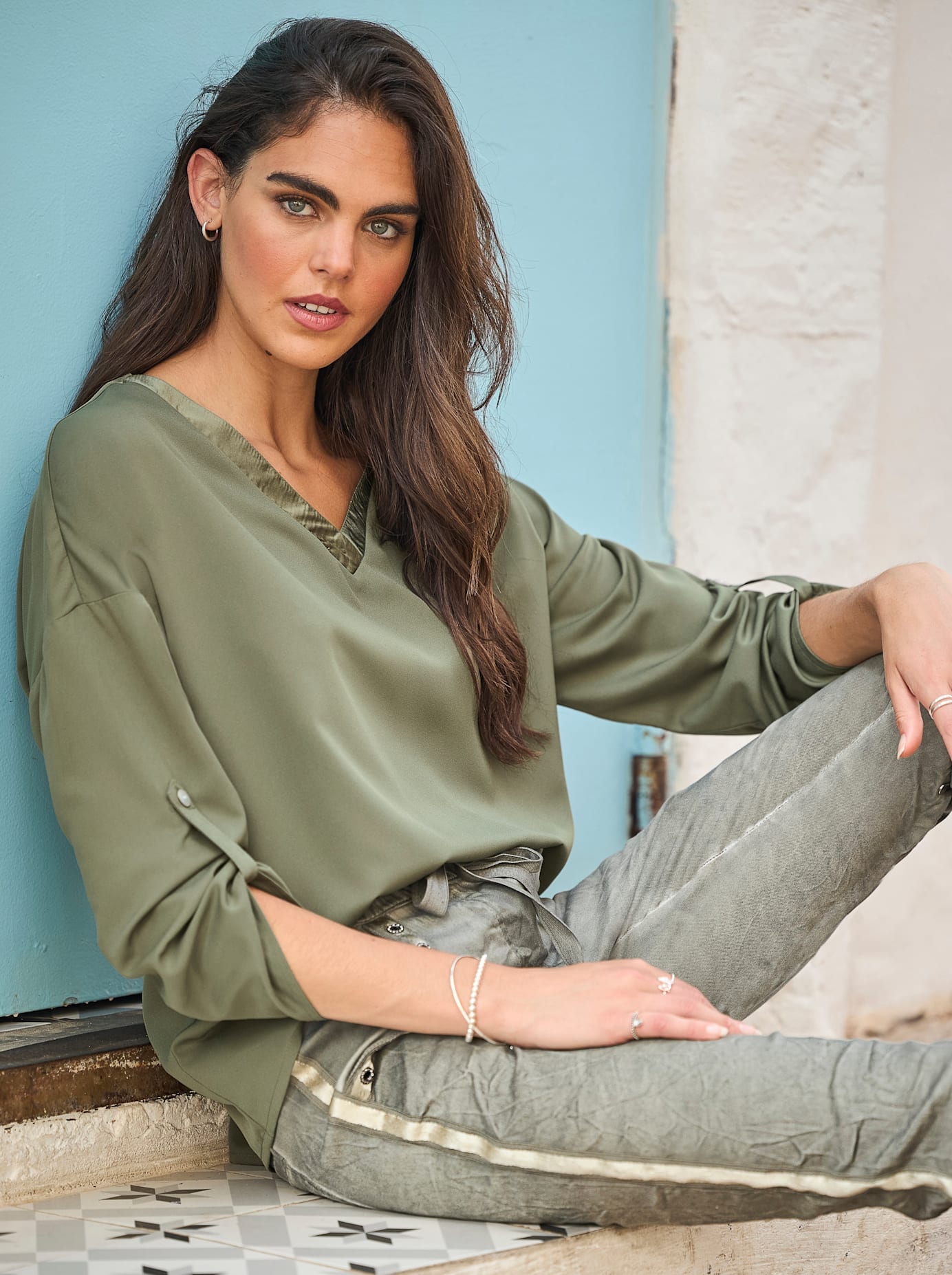 Heine Damen Langarmbluse in grün, Größe 42