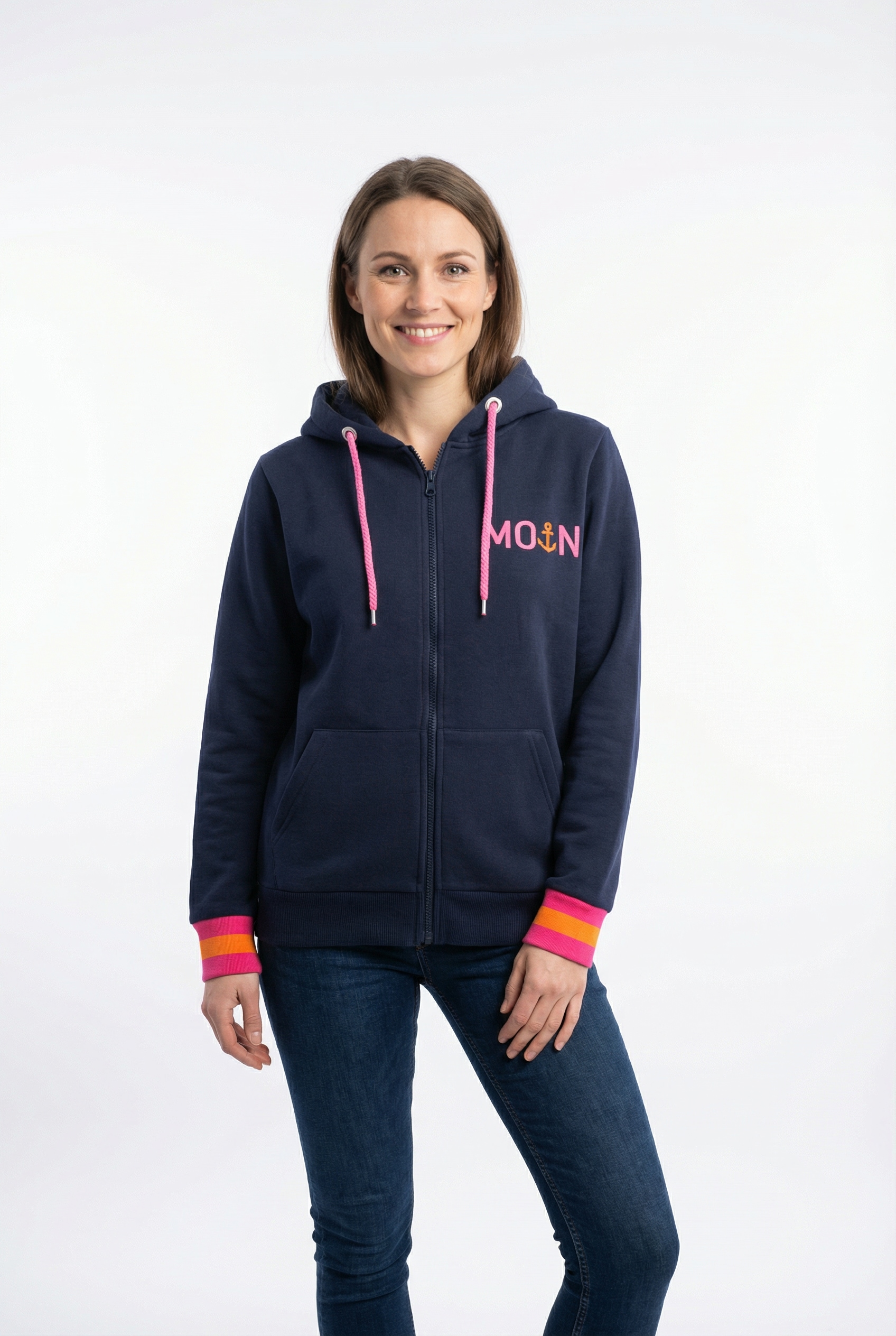 Zwillingsherz Kapuzensweatjacke Regular Fit, Stickerei, Reißverschluss, Langarm, Kontast-Details