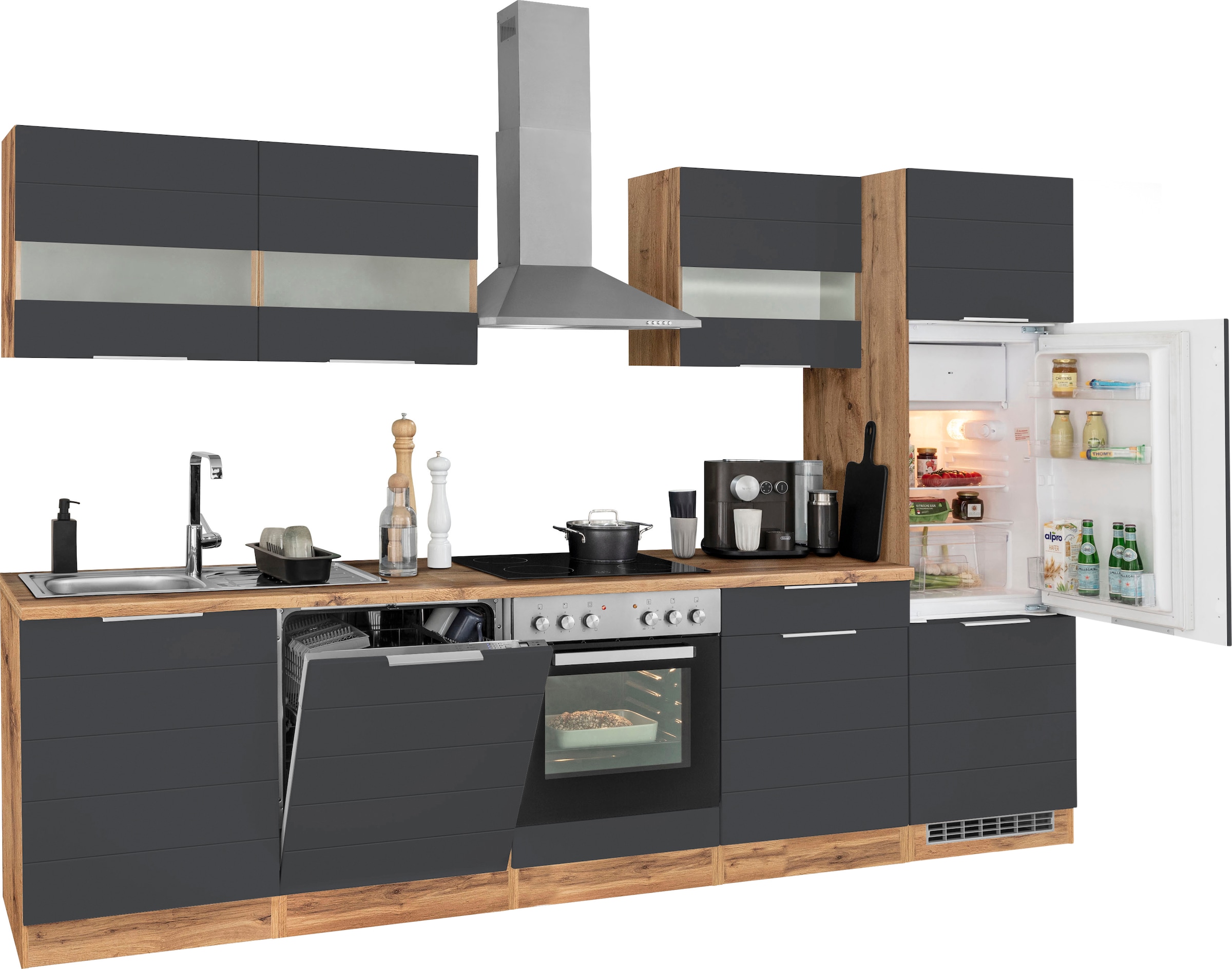 KOCHSTATION Küchenzeile »KS-Luhe« 300 cm breit, wahlweise mit oder ohne E-Geräten, gefräste MDF-Fronten