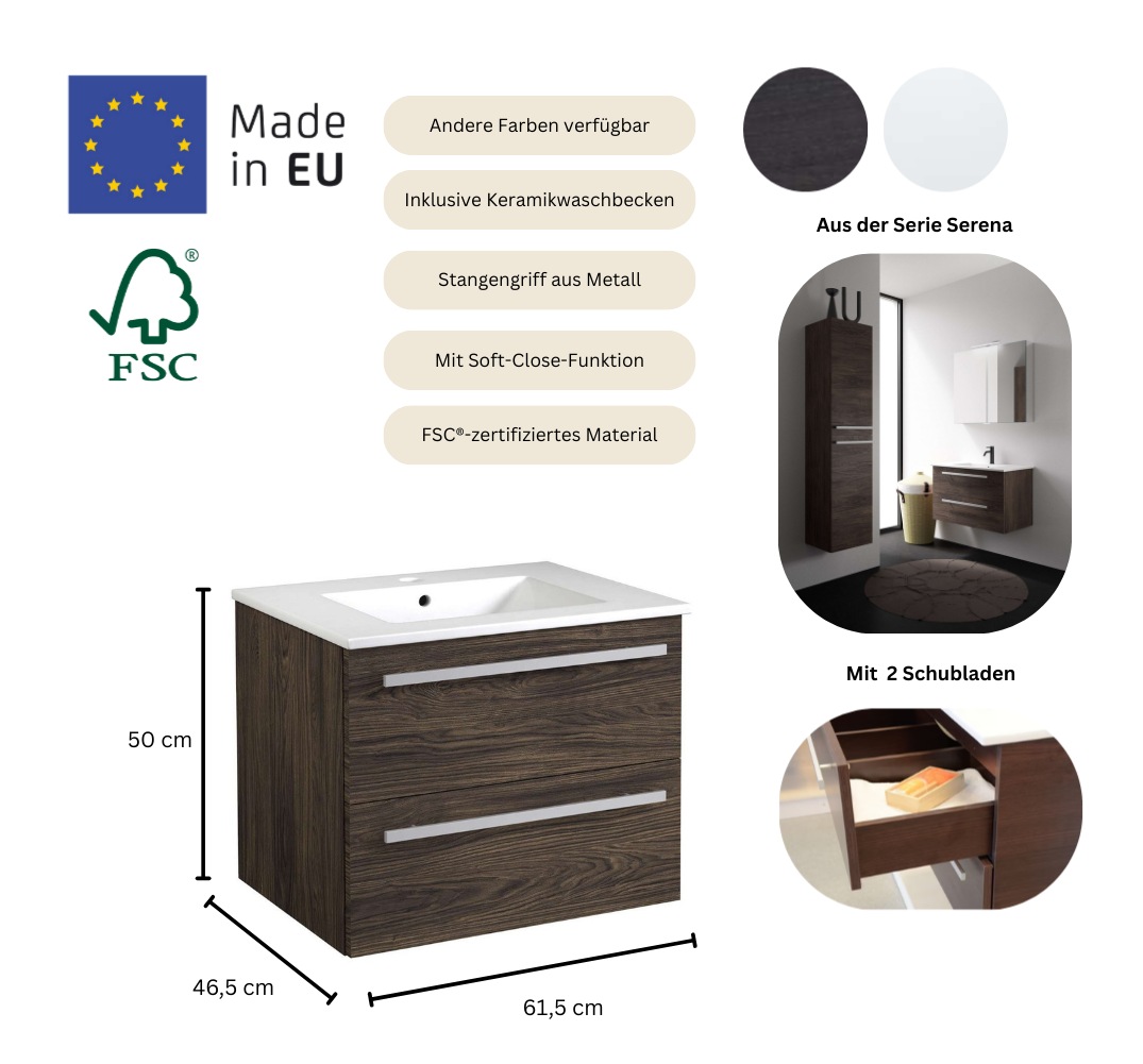 welltime Waschtisch »Serena« Breite 61,5 cm, Soft-Close-Funktion, FSC®