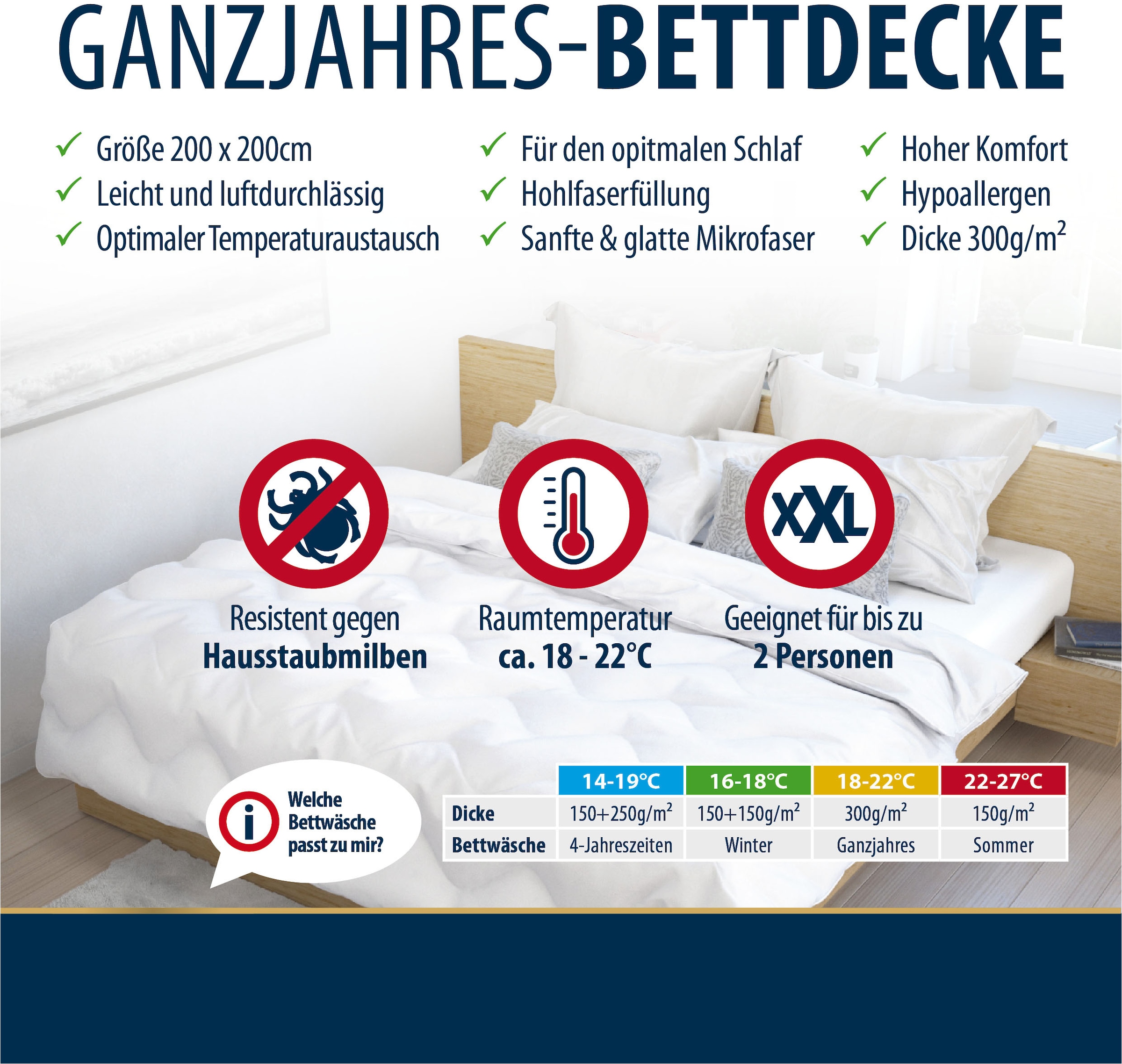 Jekatex Microfaserbettdecke »Bettdecke, Microfaserbettdecke in 200x200 cm«, normal, Füllung 100% Polyester, Bezug 100% Polyester, (1 St.), Ganzjahresdecke, Allergiker geeignet