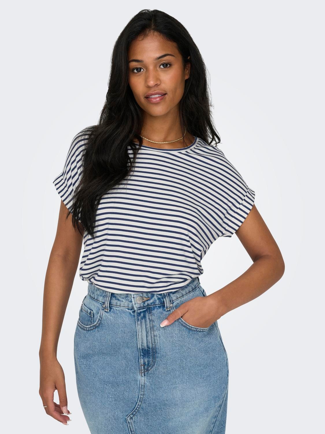 ONLY T-Shirt »ONLMOSTER STRIPE S/S O-NECK TOP JRS NOOS«, mit Aufschlag am Arm