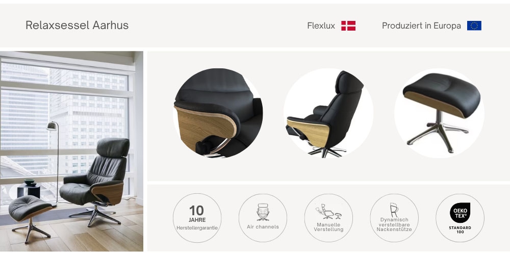 FLEXLUX Relaxsessel »Aarhus, Gepolsterter Funktionssessel, Skandinavisch design, Armlehnen«, Relaxfunktion & Kopf- Rückenverstellung, Armlehne Eiche, Fuß Alu