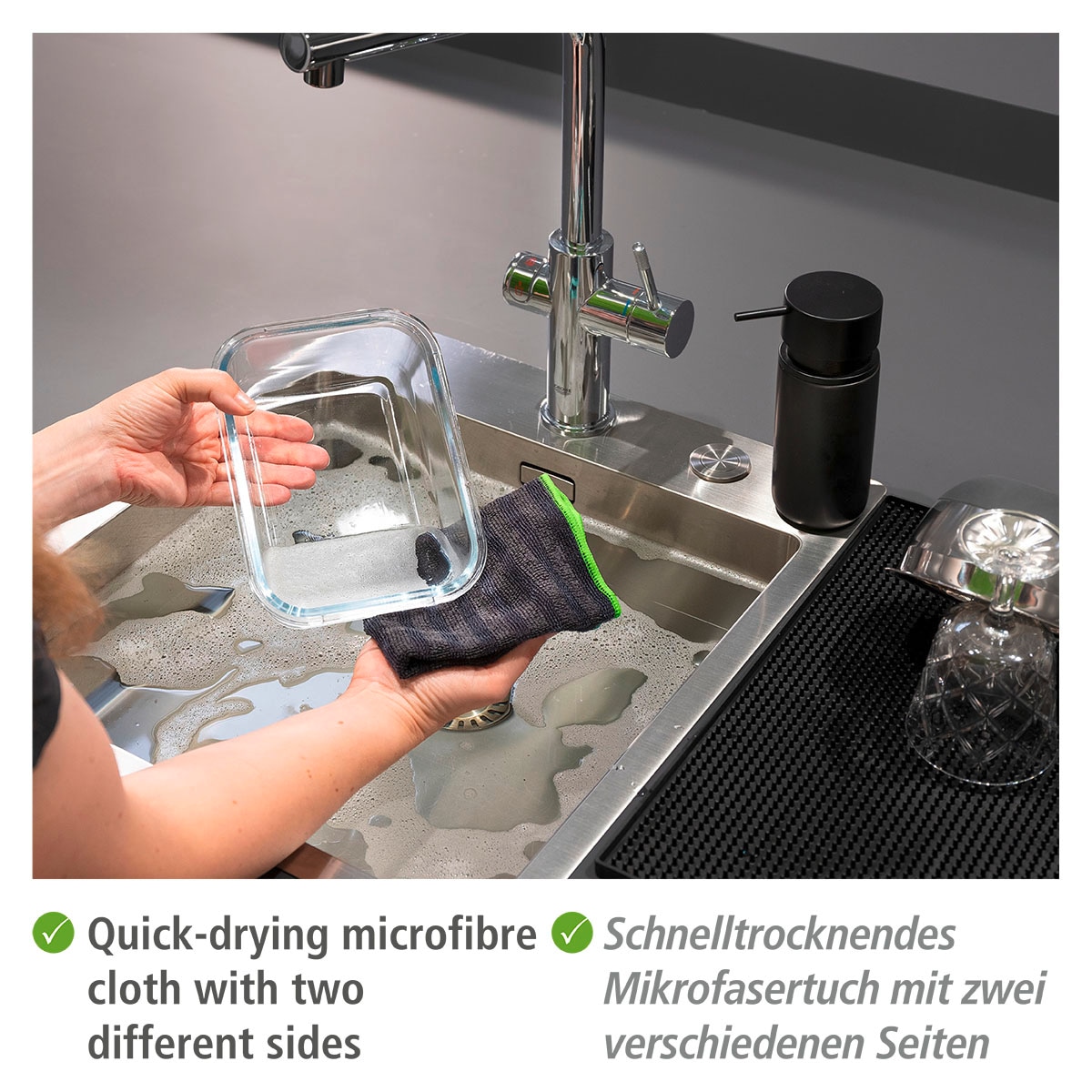 WENKO Küchenorganizer-Set »Black Outdoor Kitchen Spül-Set«, (Set, 3 tlg.), Schutzmatte und 2 Mikrofasertücher