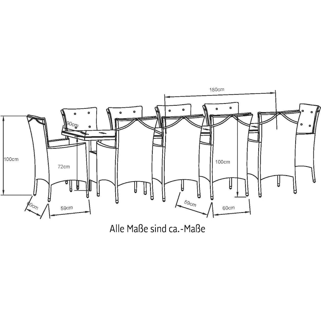 KONIFERA Garten-Essgruppe »Belluno«, (Set, 21 tlg., 10x Sessel, 1x AZ-Tisch 179-300x73/89cm, inkl. Auflagen, Polyrattan)